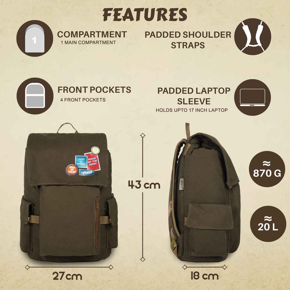 F Gear Unisex Canvas 20 L Laptop Backpack | Brown