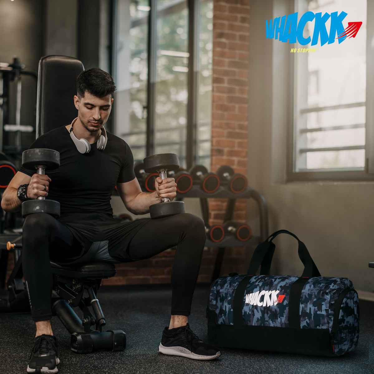 Whackk Unisex Camouflage Polyester 30 L Web Handle Duffle Bag | Black and Grey