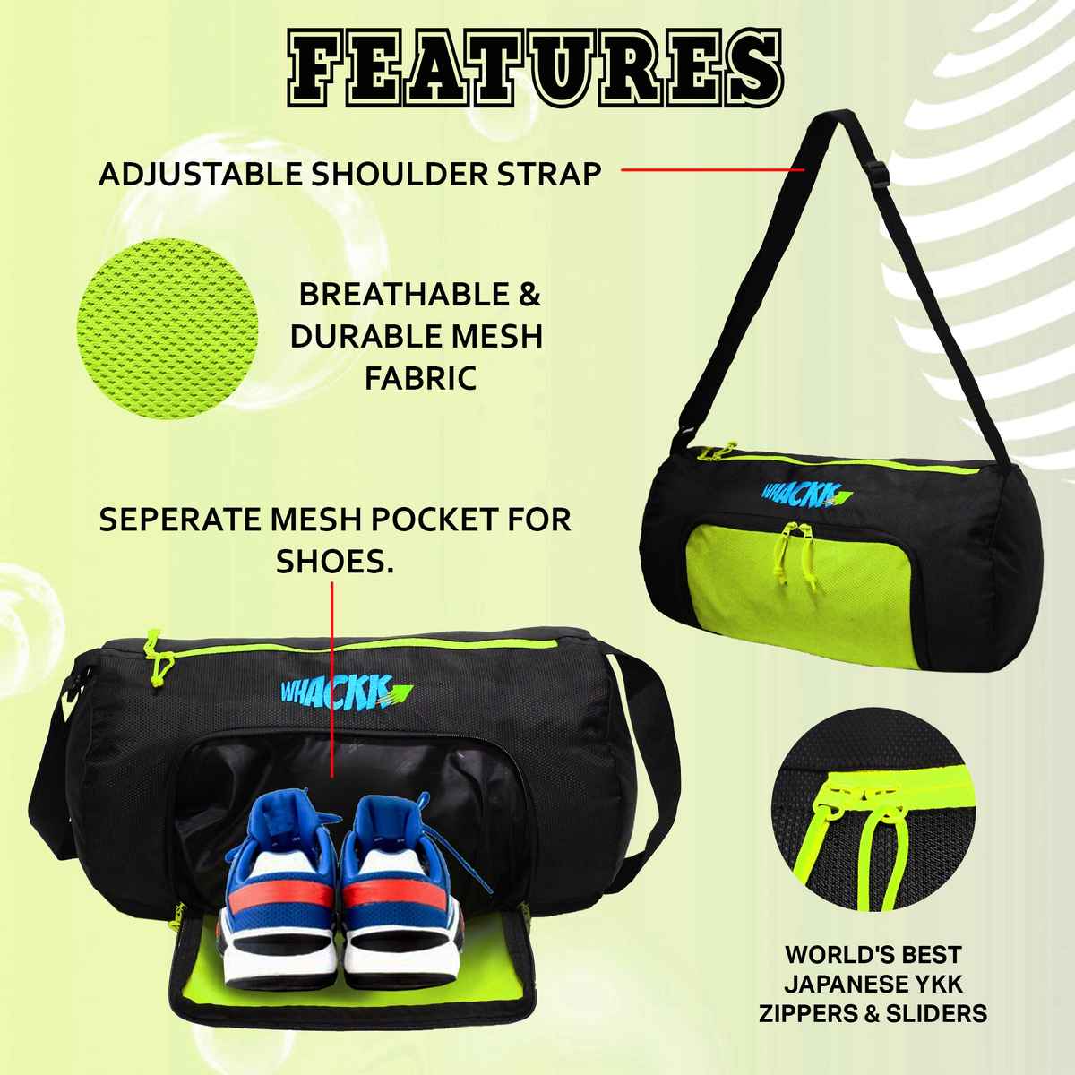 Whackk Unisex Solid Polyester 26 L Web Handle Duffle Bag | Black and Fluorescent Green