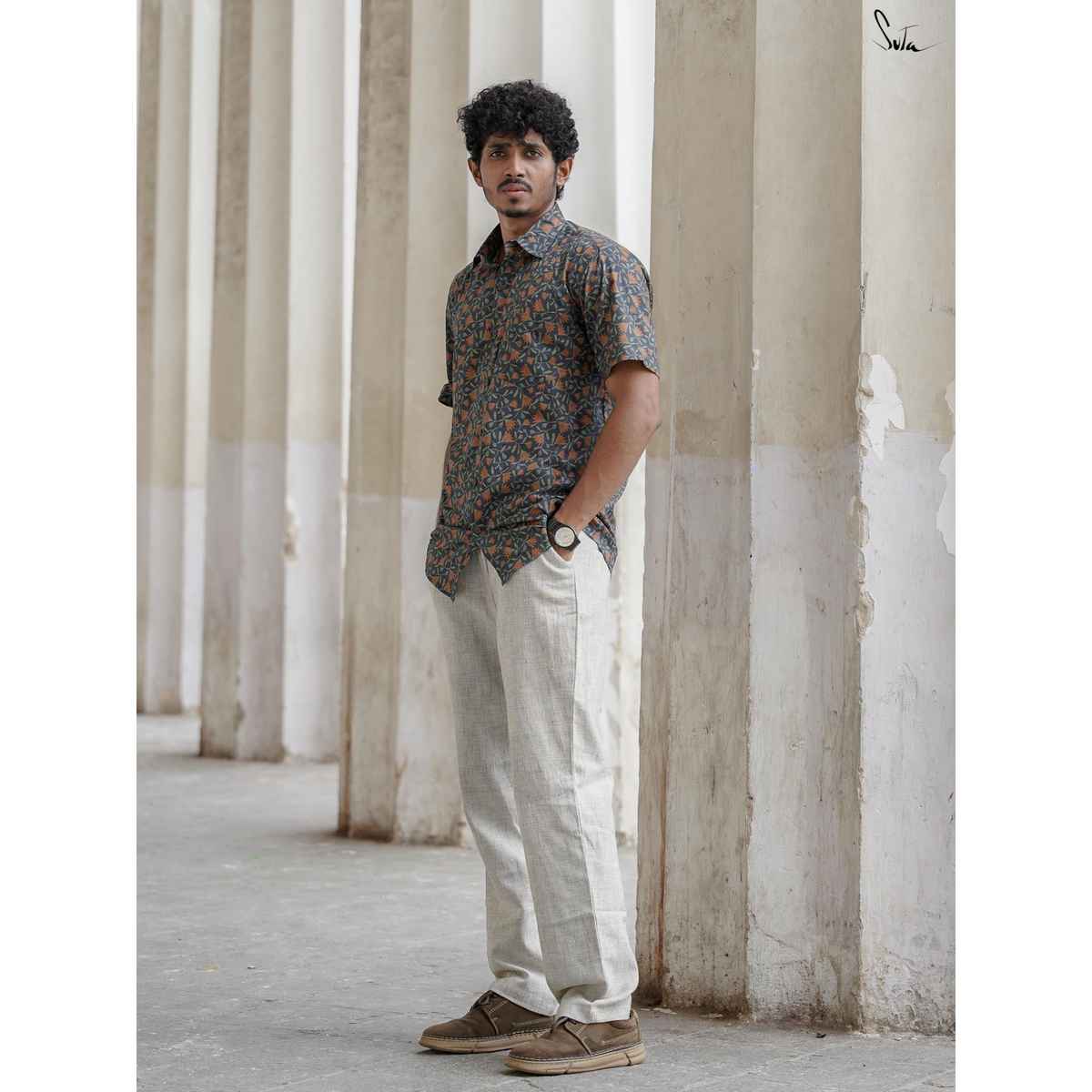 Suta Men's Floral Printed Cotton Shirt | Black - M