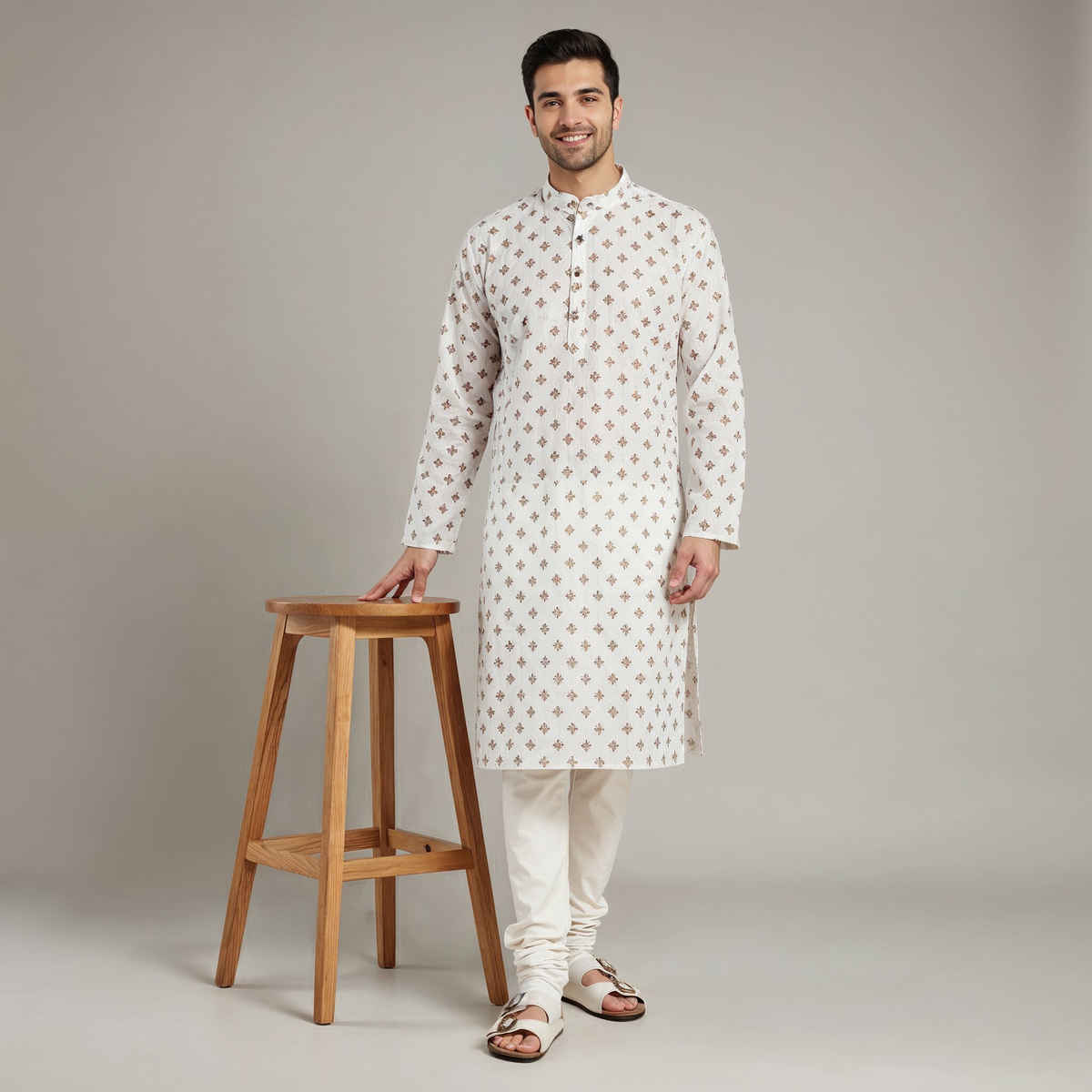 Happy Mail Men's Kurta with Brown Print | White - XL