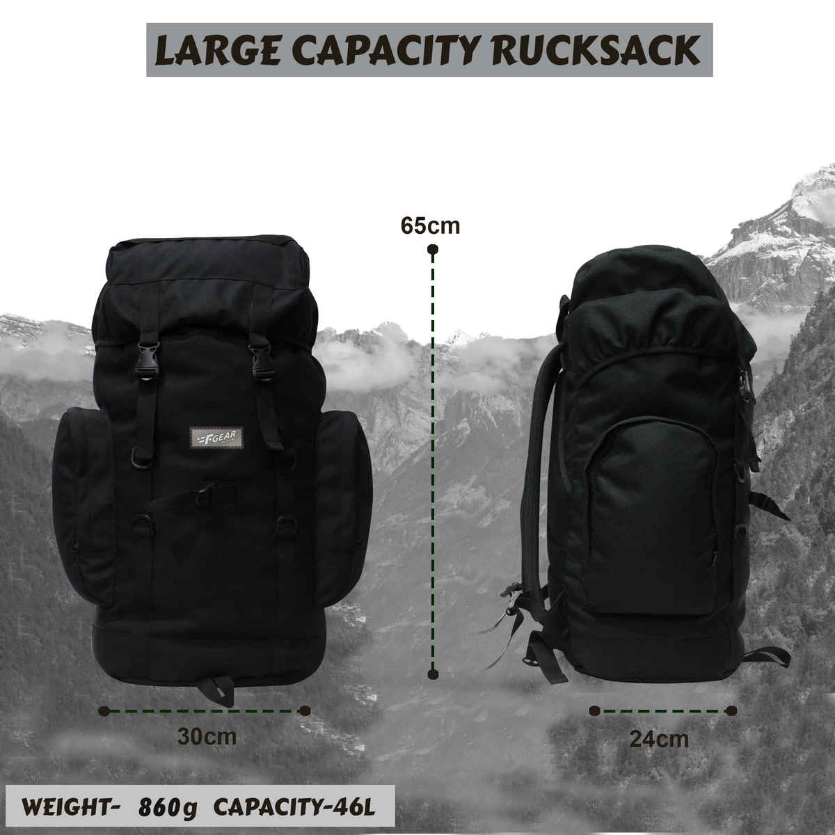 F Gear Unisex Polyester 46 L Ergonomic Handle Rucksack | Black - Free Size