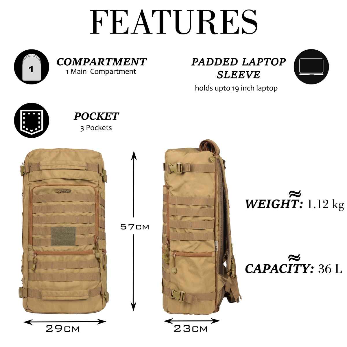 F Gear Unisex Solid Polyester 36 L Rucksack | Khaki