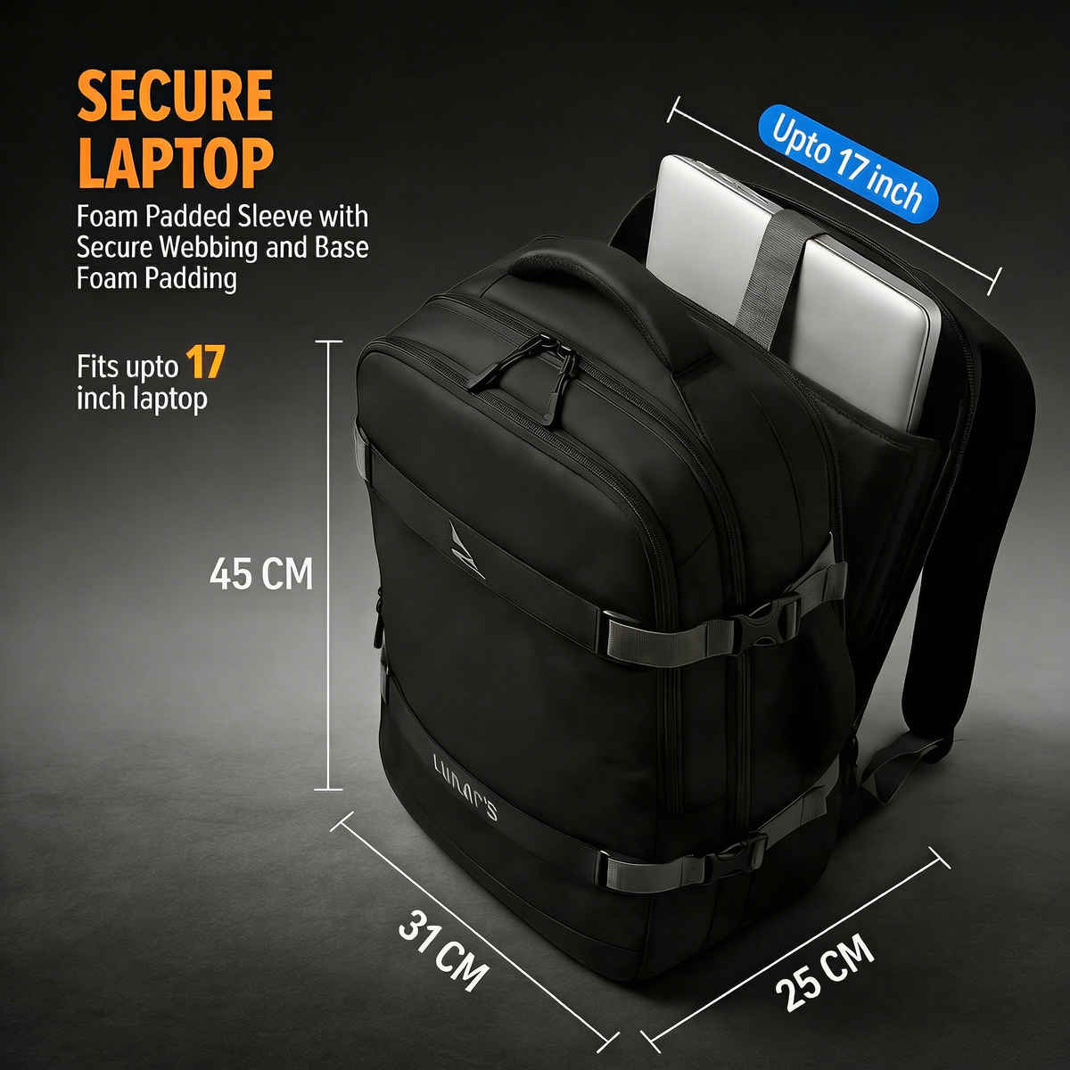 Lunar's Headpro 45L Laptop Backpack | Water Resistant | Anti-Theft | Office | Travel | School Bag