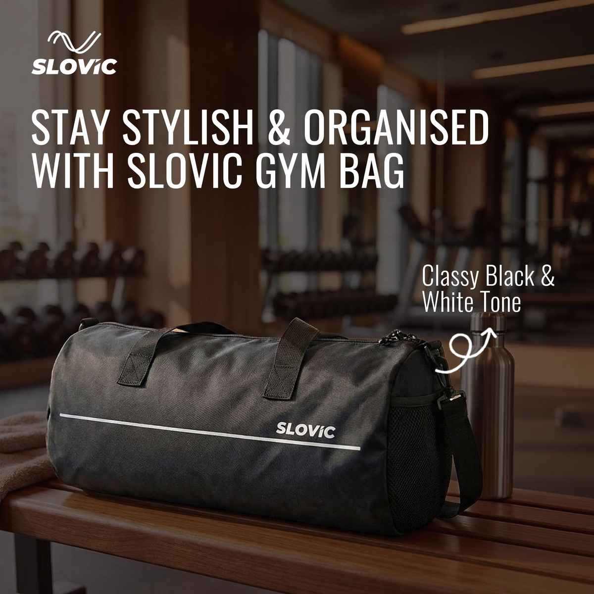 Slovic Sports and Travel Gym Bag Adjustable Straps Large Compartment Mesh Pocket | Black - 17 L