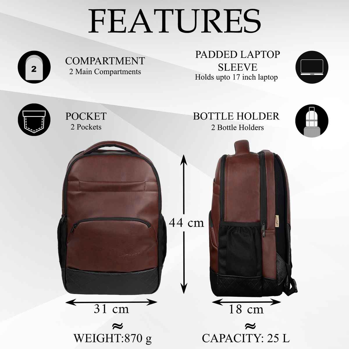 F Gear Unisex Solid Artificial Leather 25 L Laptop Backpack | Brown - 15.6 Inches