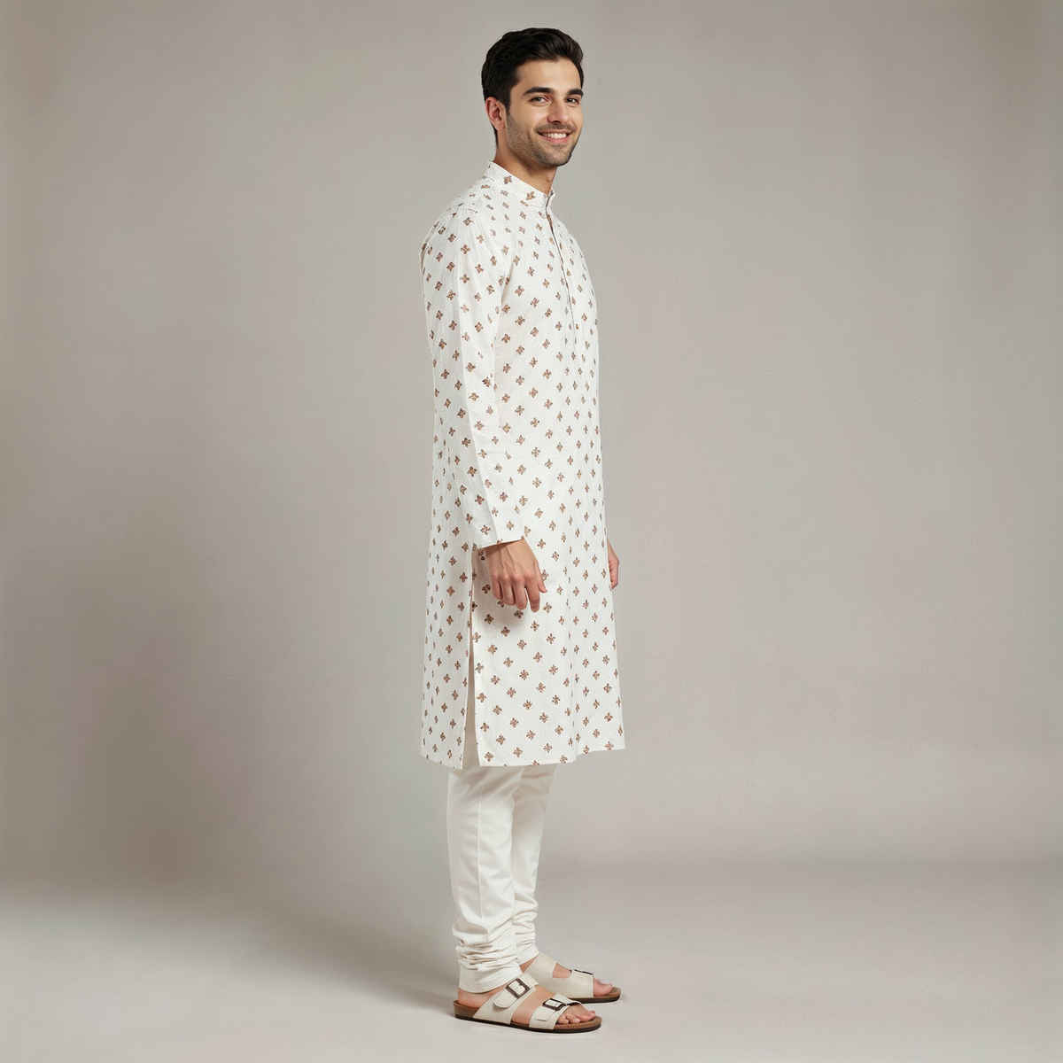 Happy Mail Men's Kurta with Brown Print | White - XL