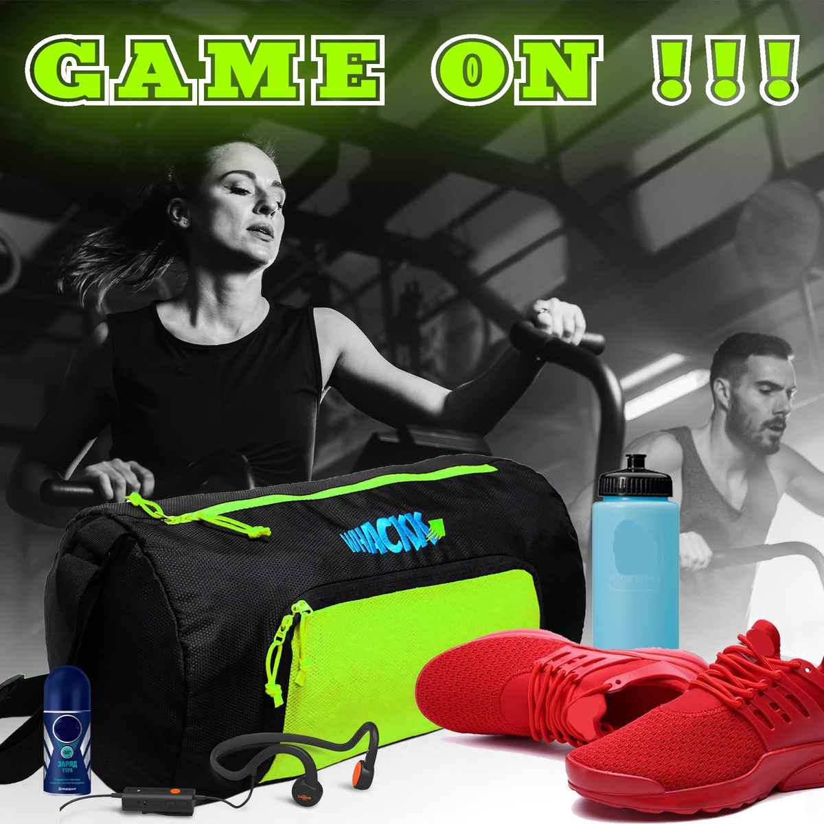 Whackk Unisex Solid Polyester 26 L Web Handle Duffle Bag | Black and Fluorescent Green