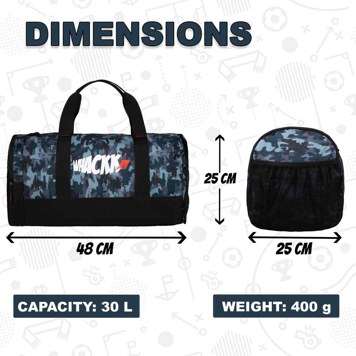 Whackk Unisex Camouflage Polyester 30 L Web Handle Duffle Bag | Black and Grey