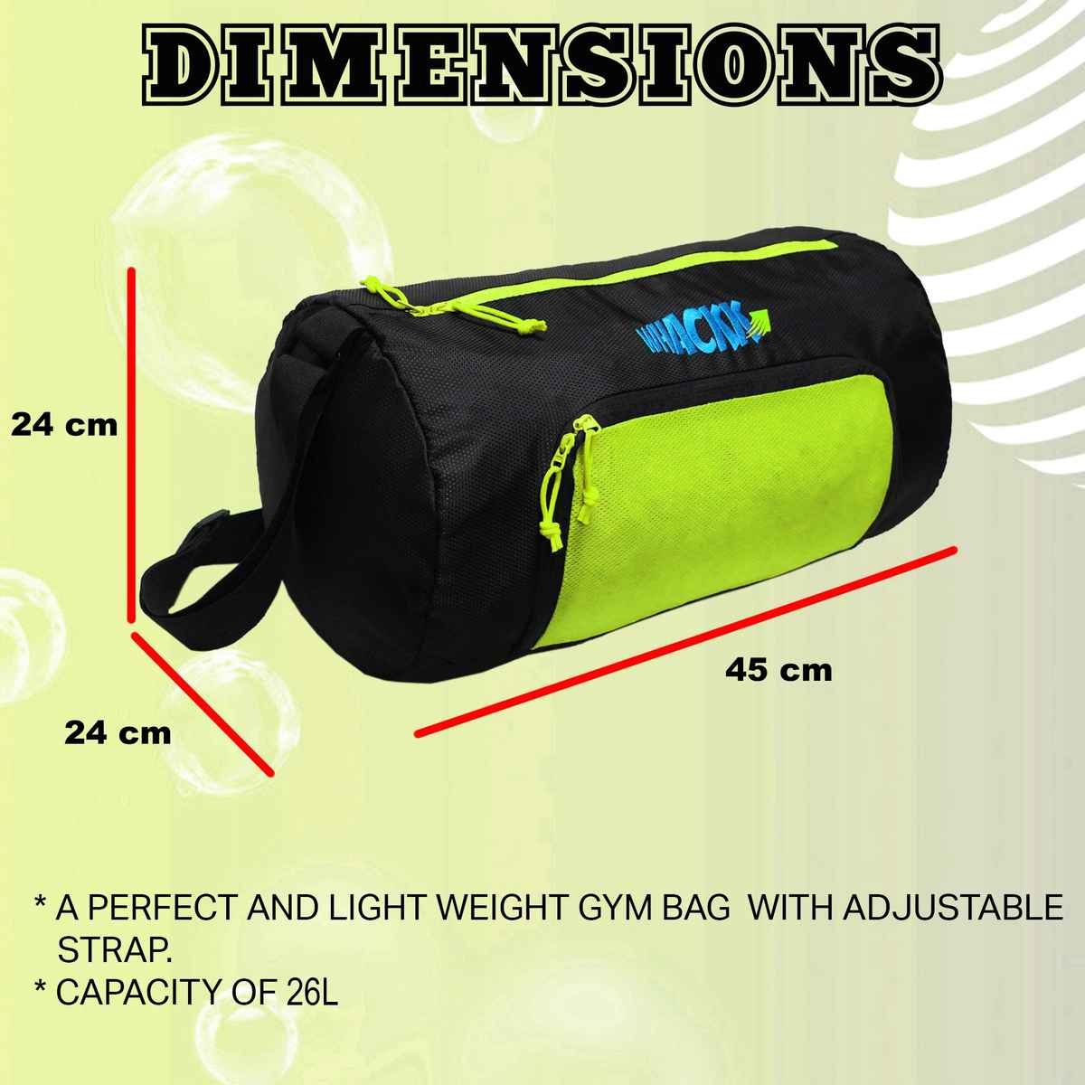 Whackk Unisex Solid Polyester 26 L Web Handle Duffle Bag | Black and Fluorescent Green