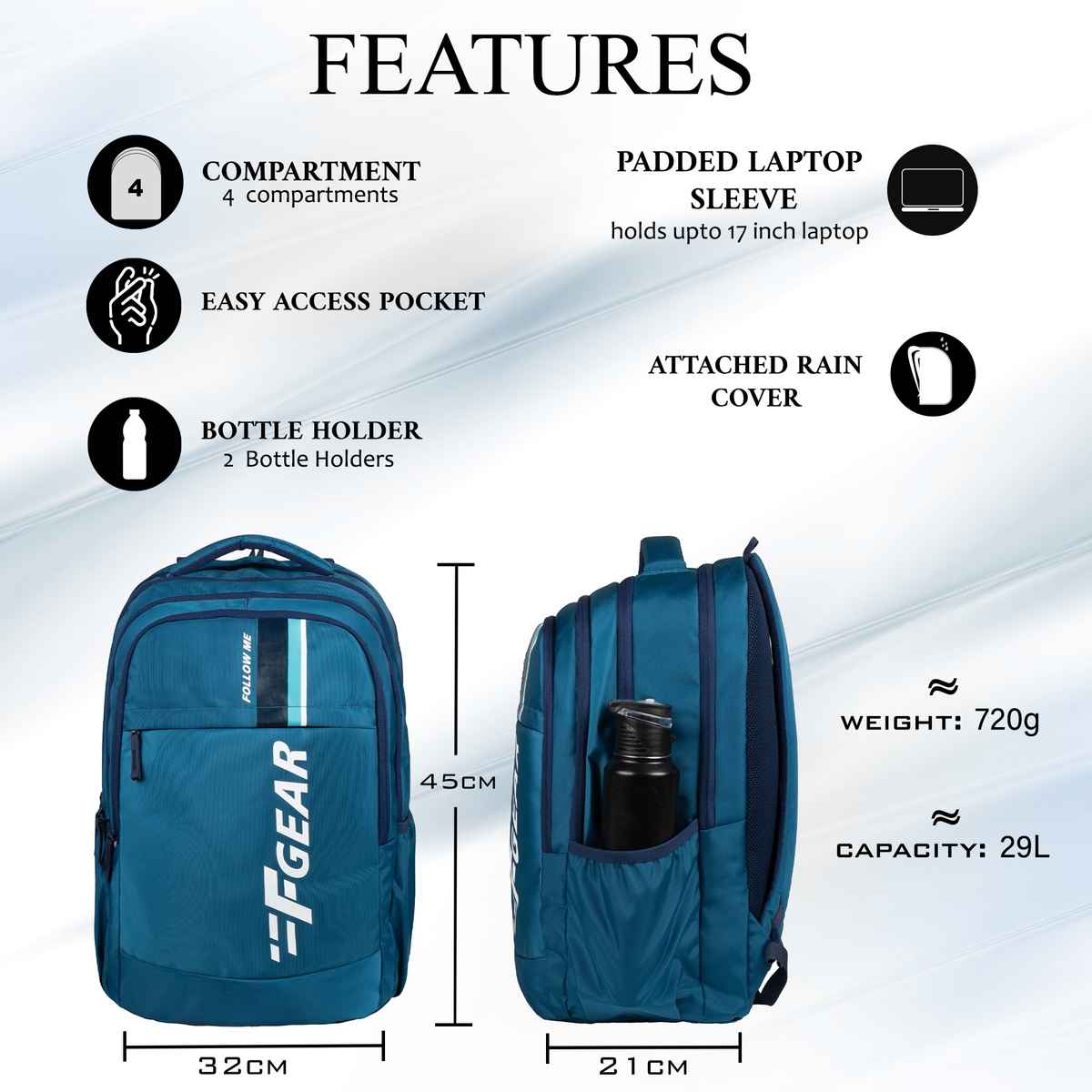F Gear Unisex Solid Polyester 29 L Padded Grab Handle Laptop Backpack | Aqua Blue - 17 Inches
