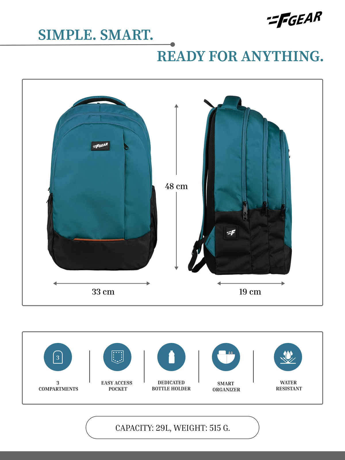 F Gear Unisex Modern Polyester 29 L Padded Grab Handle Laptop Backpack | Black and Aqua - 17 Inches