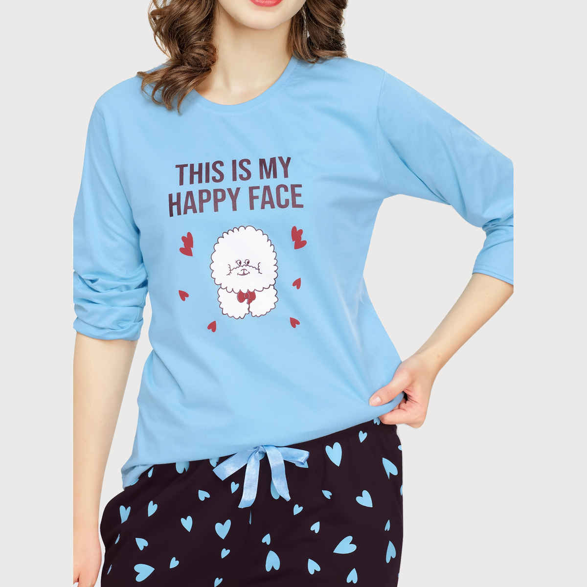 Zeyo Night Suit for Women Blue Heart Printed Cotton Night Dress of Top & Pajama Set 5783-BE- XL