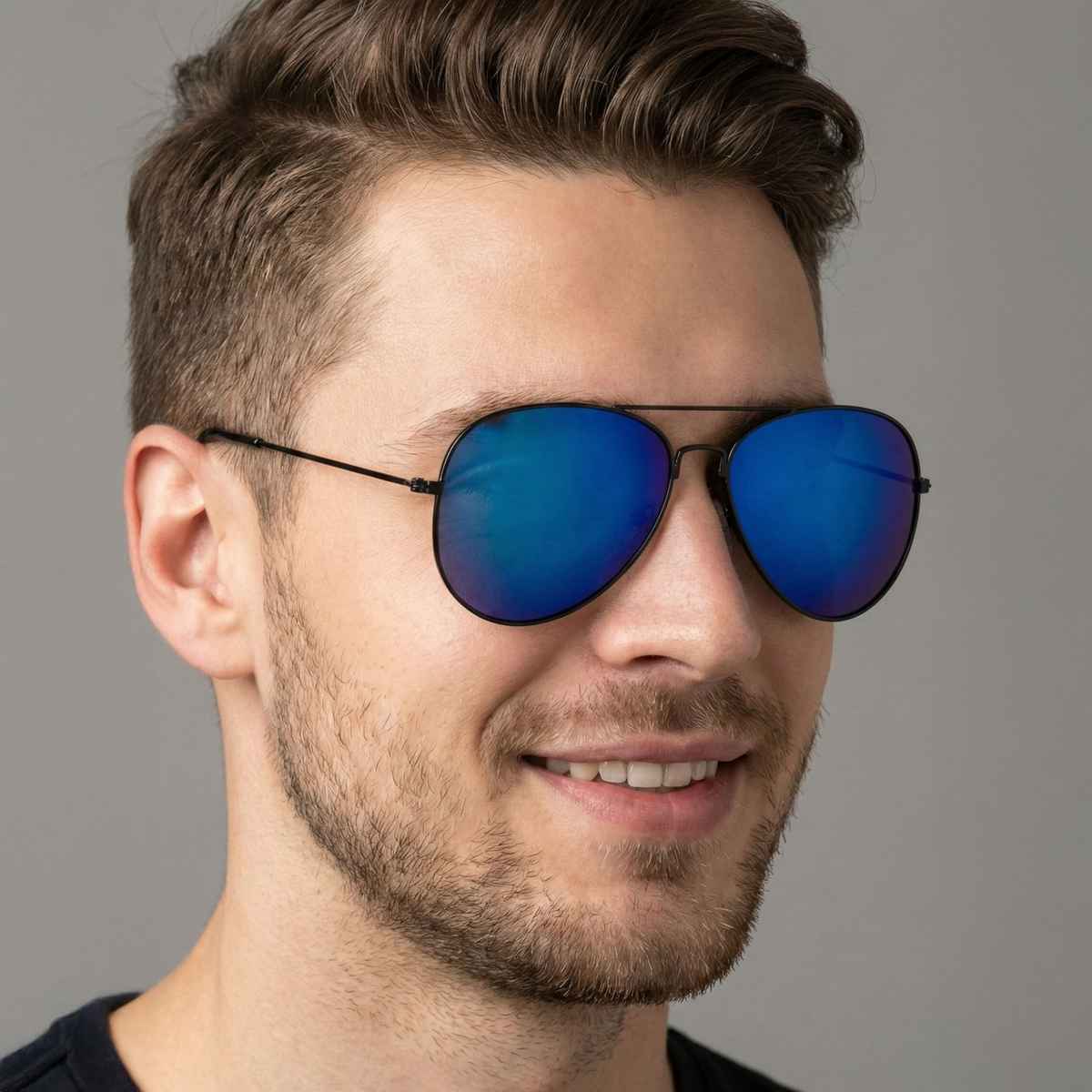 NuVew Unisex Aviator Mirrored Sunglasses | Black & Ice Blue | Medium
