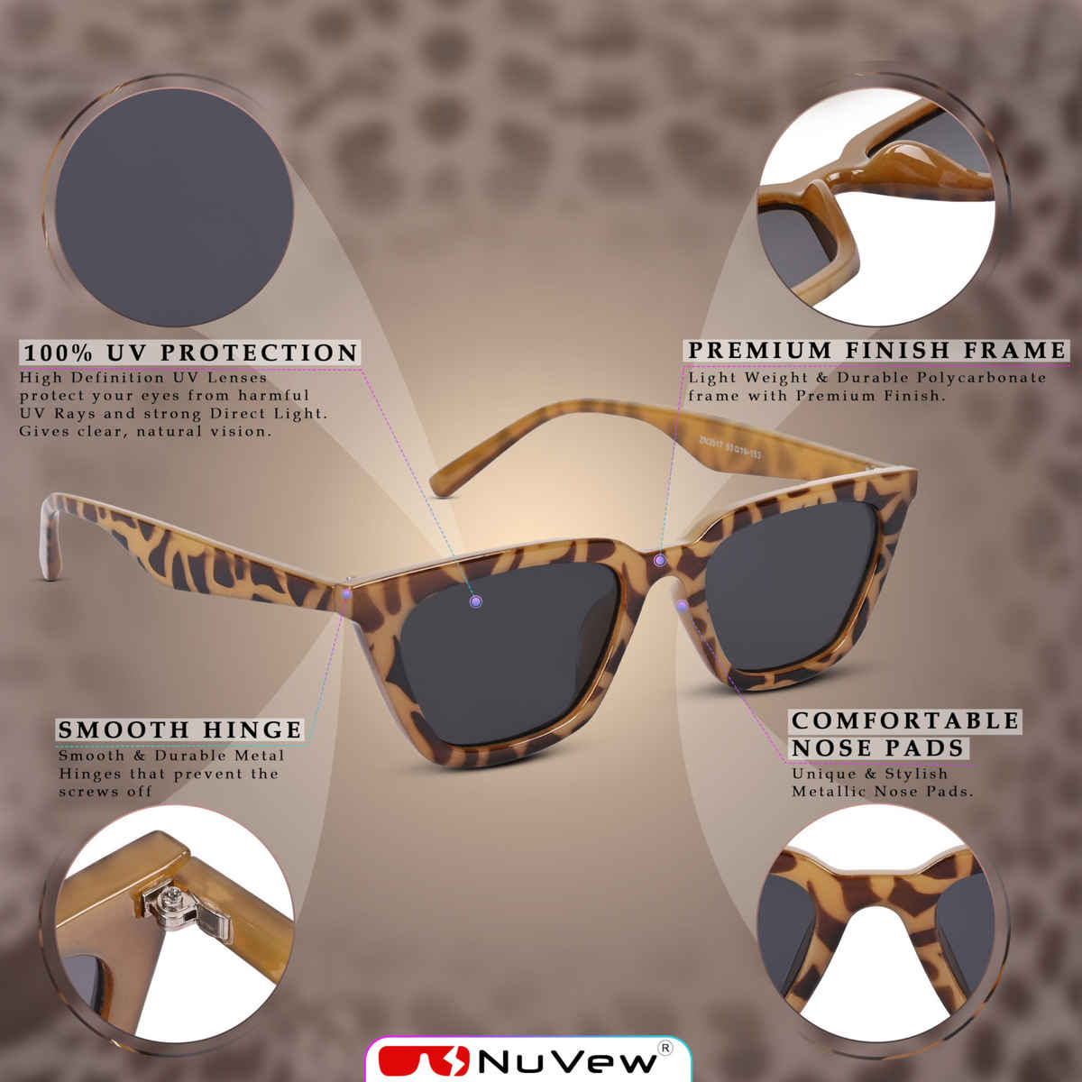 NuVew Unisex Wayfarer Sunglasses | Leopard Brown and Black - Medium