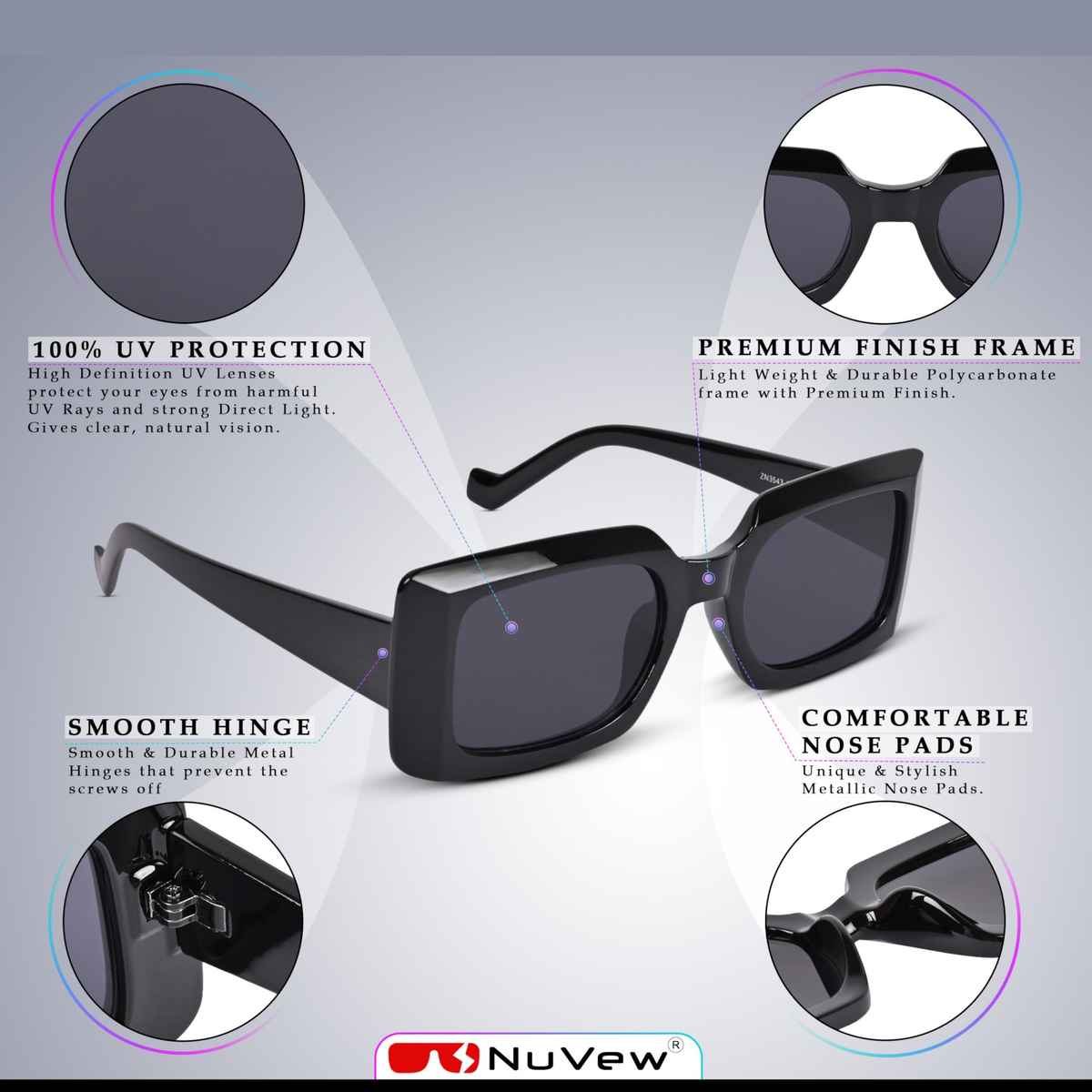NuVew Unisex Rectangular Sunglasses | Black - Large