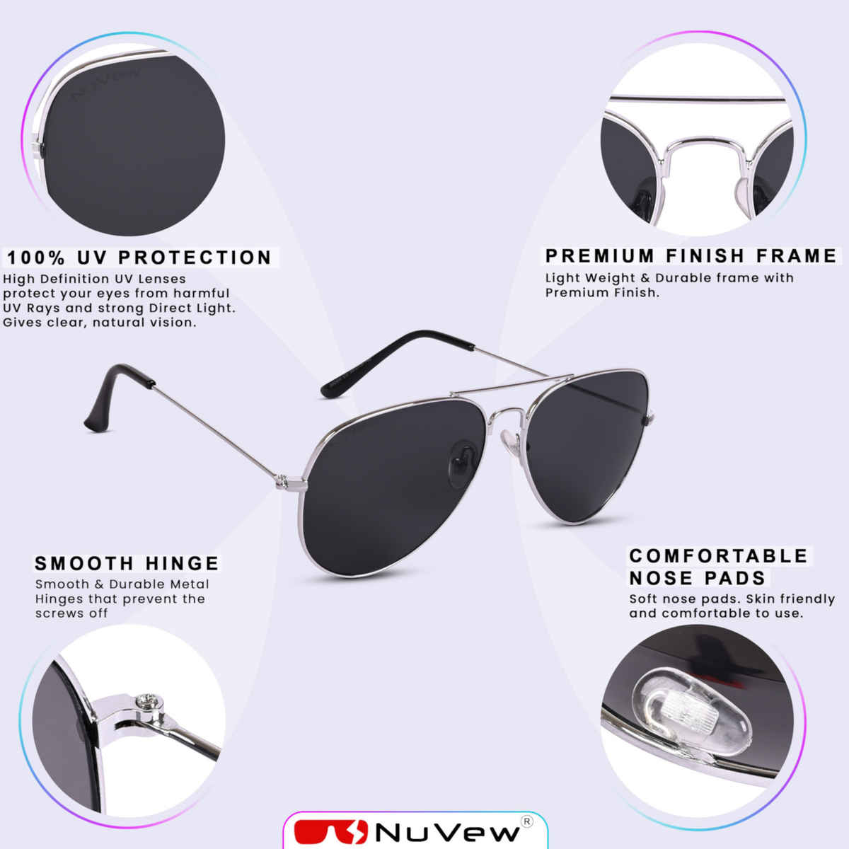 NuVew Unisex Aviator Sunglasses | Silver and Black - Medium