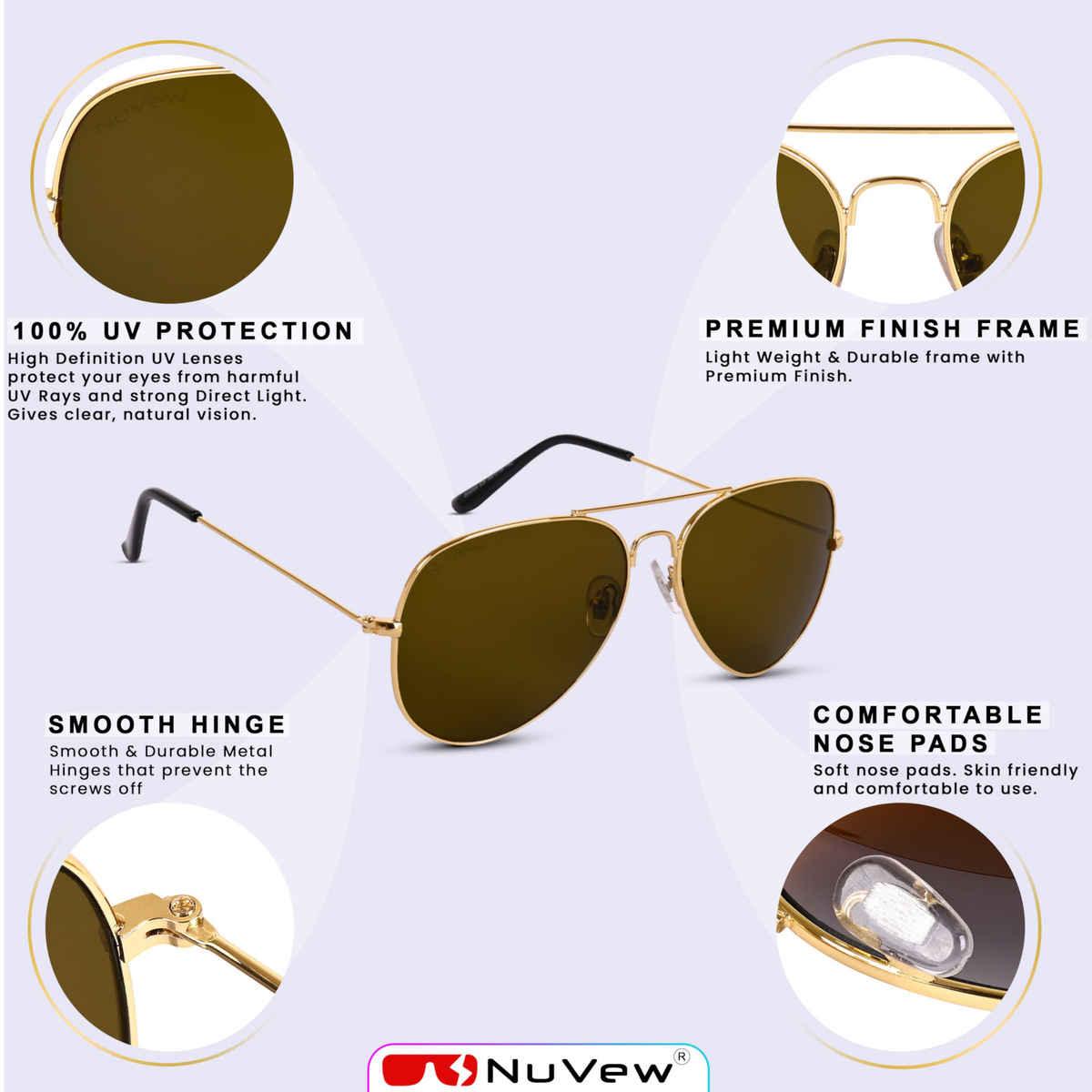 NuVew Unisex Aviator Sunglasses | Gold and Brown - Medium
