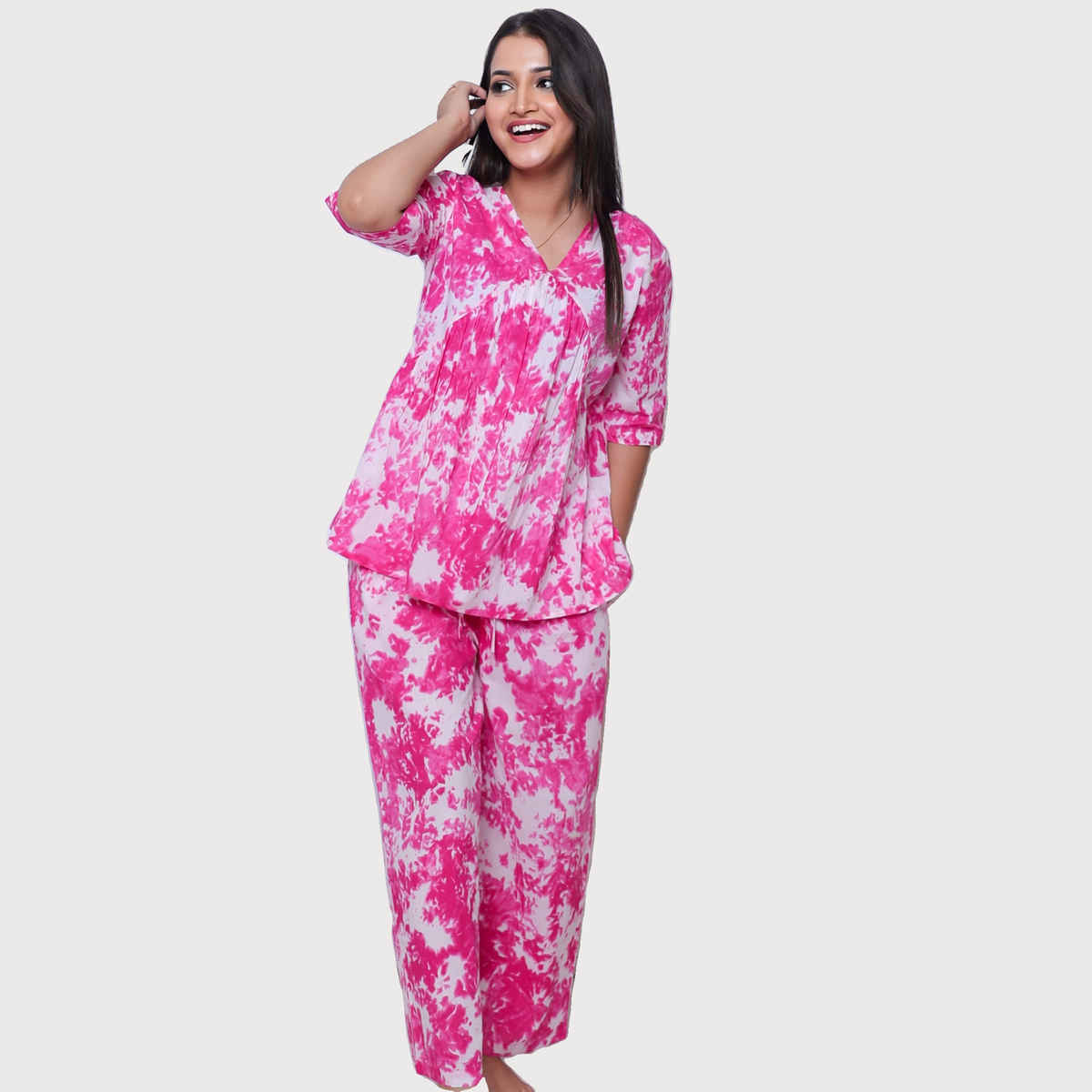 Sanskrutihomes Pink And White Tie And Dye Pure Cotton Night Suit | S