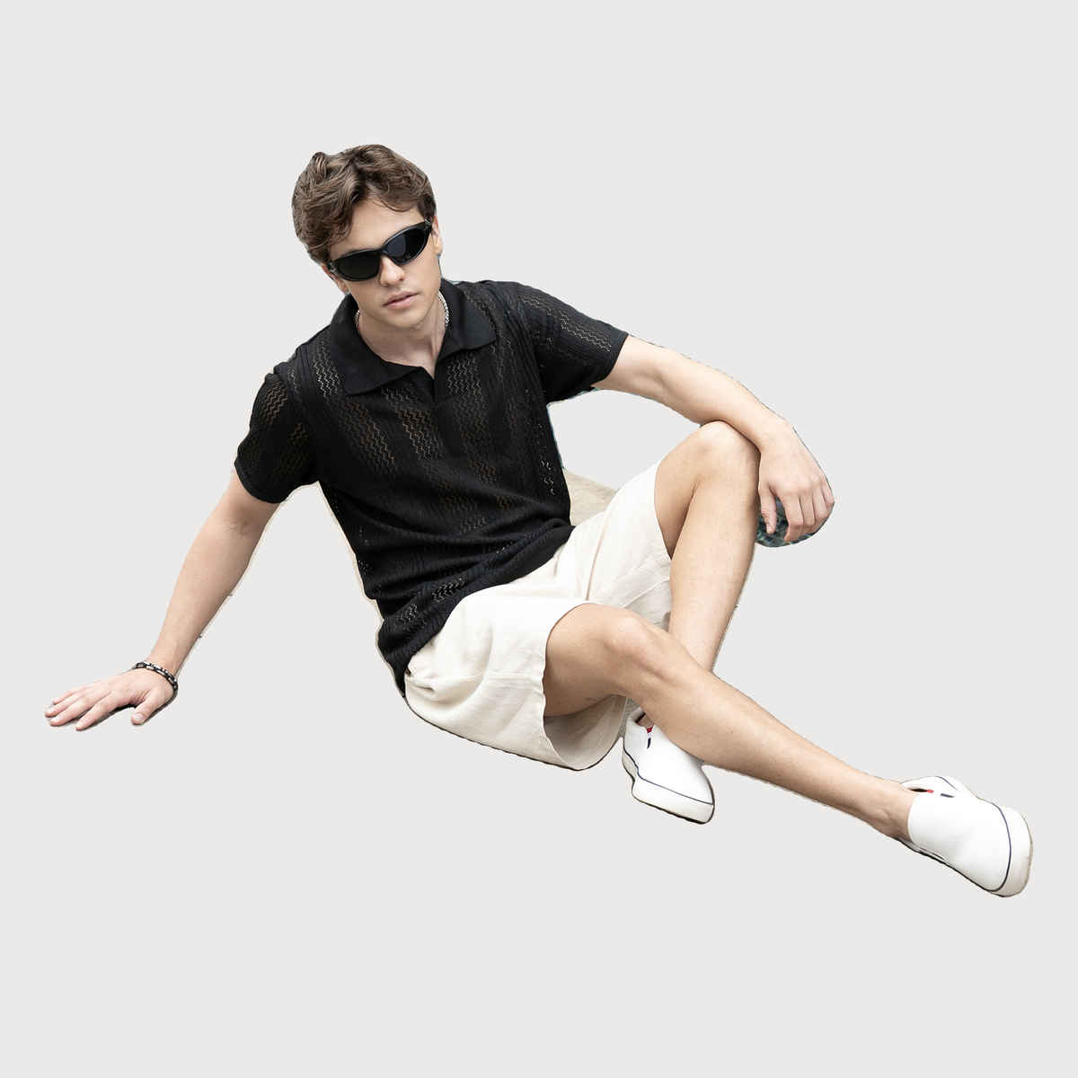 Campus Sutra Men's Chevron - Lined Textured Polo T-shirt | Onyx Black - S