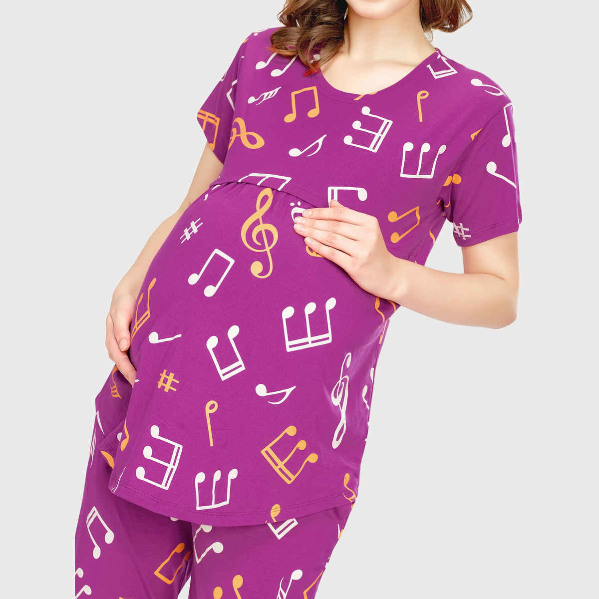 Zeyo Women Cotton Musical Notes Printed Purple Maternity Set | Top & Pyjama 5802-PP- XXL