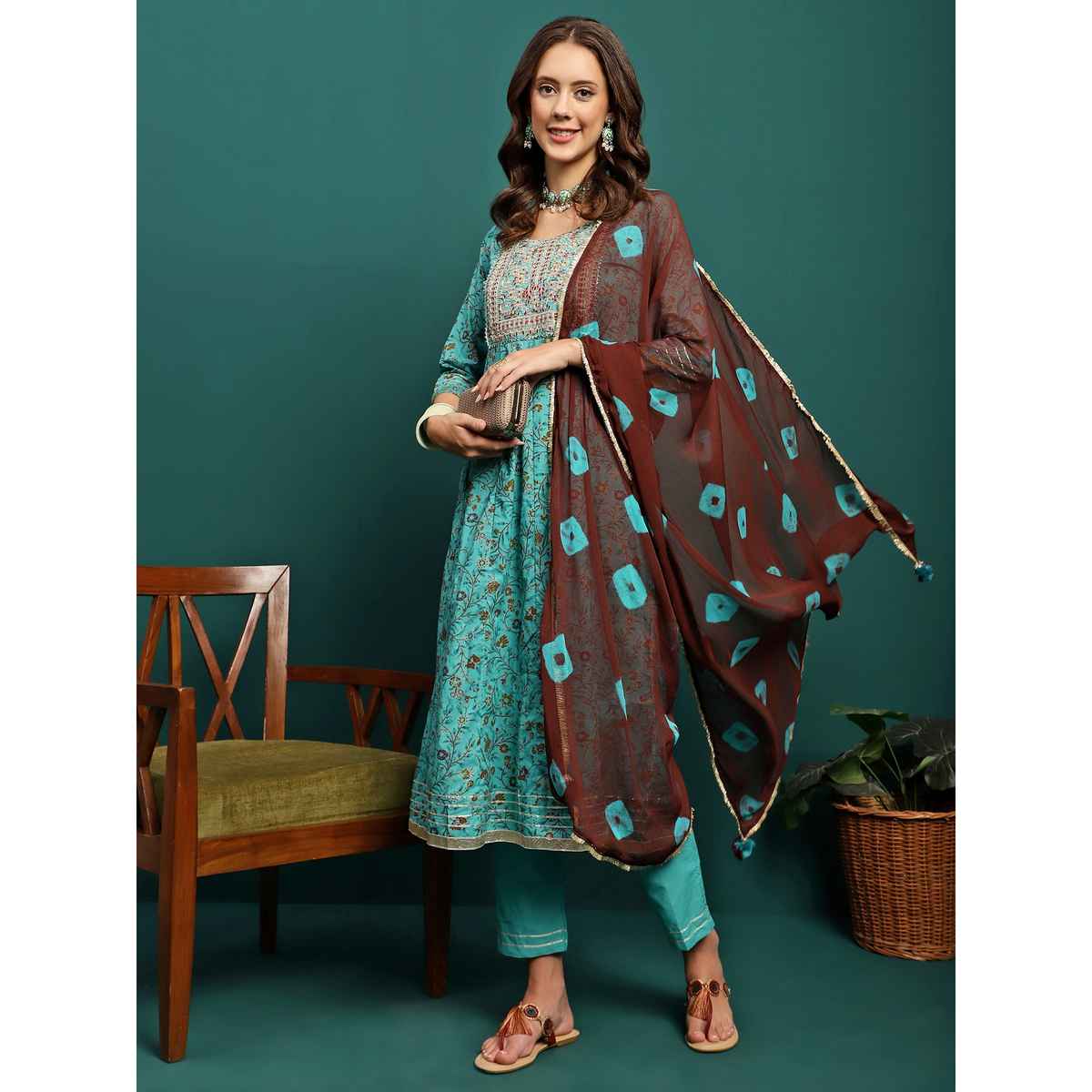 Bandia Women's Foil Dori Anarkali Kurta Trouser Set with Dupatta | BANKS0204 | Turquoise Blue | XL