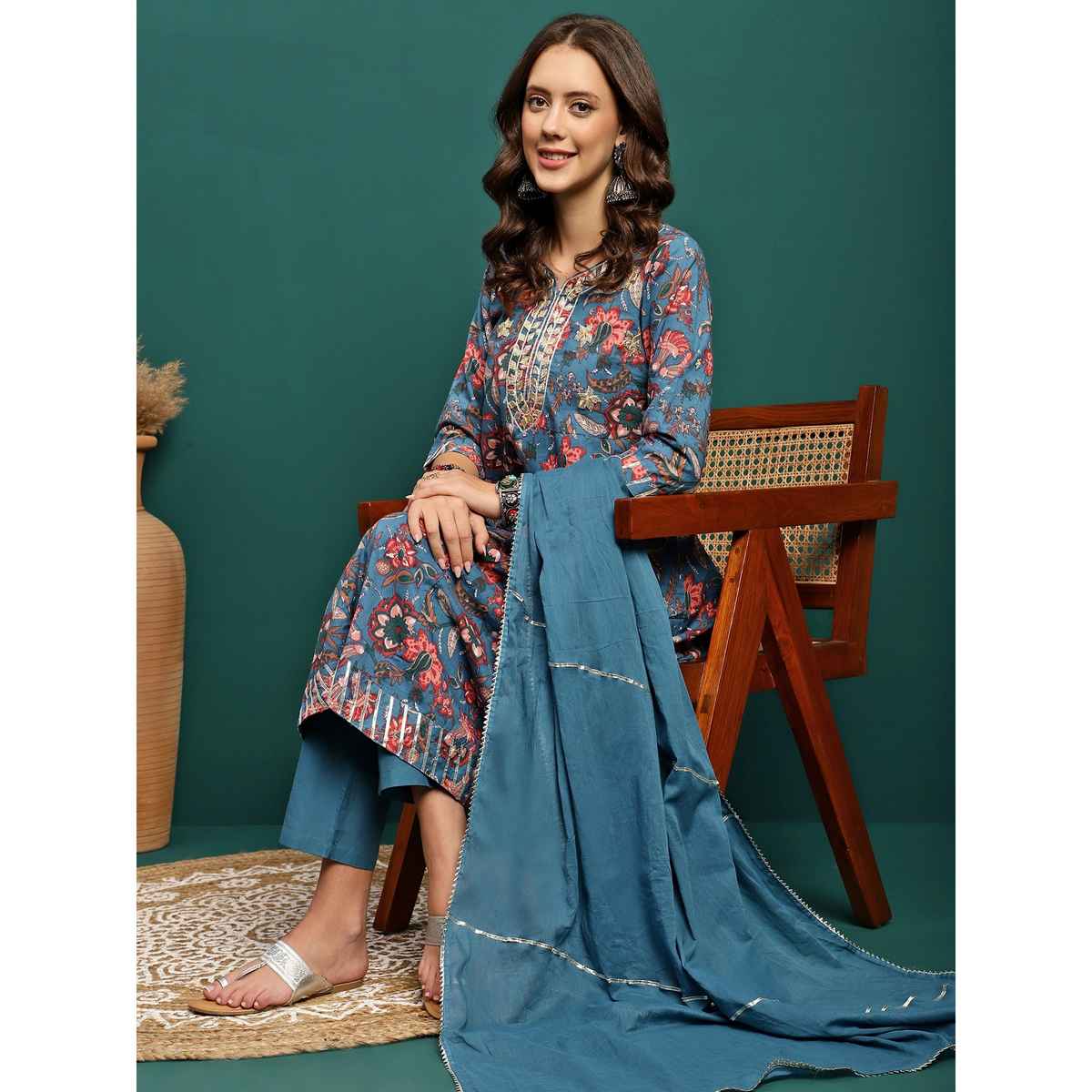 Bandia Women's Floral Gota Patti Anarkali Kurta Trouser Set with Dupatta | BANKS0211 | Indigo | XL