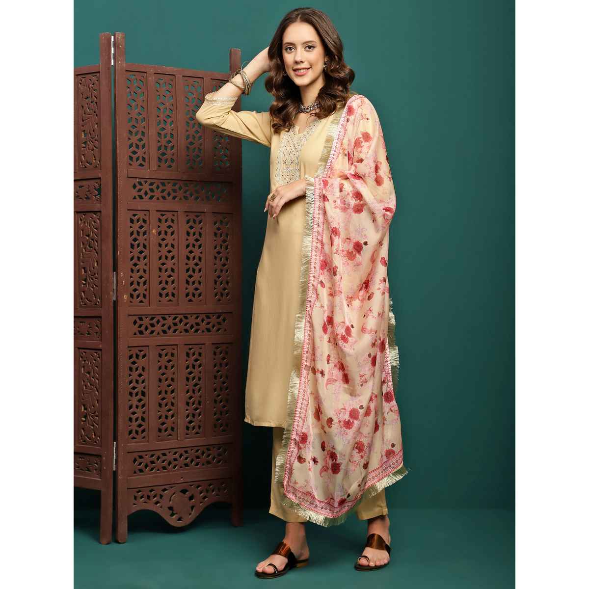 Bandia Women's Zari and Sequins Kurta Trouser Set with Dupatta | BANKS0213 | Sea Green | M