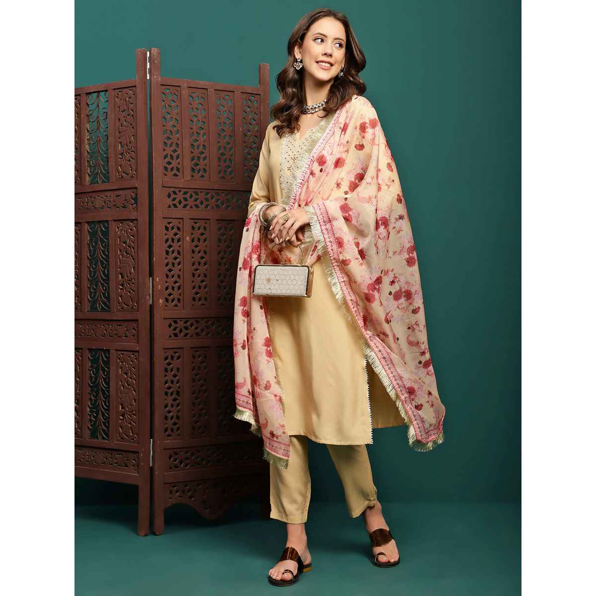 Bandia Women's Zari and Sequins Kurta Trouser Set with Dupatta | BANKS0213 | Sea Green | M