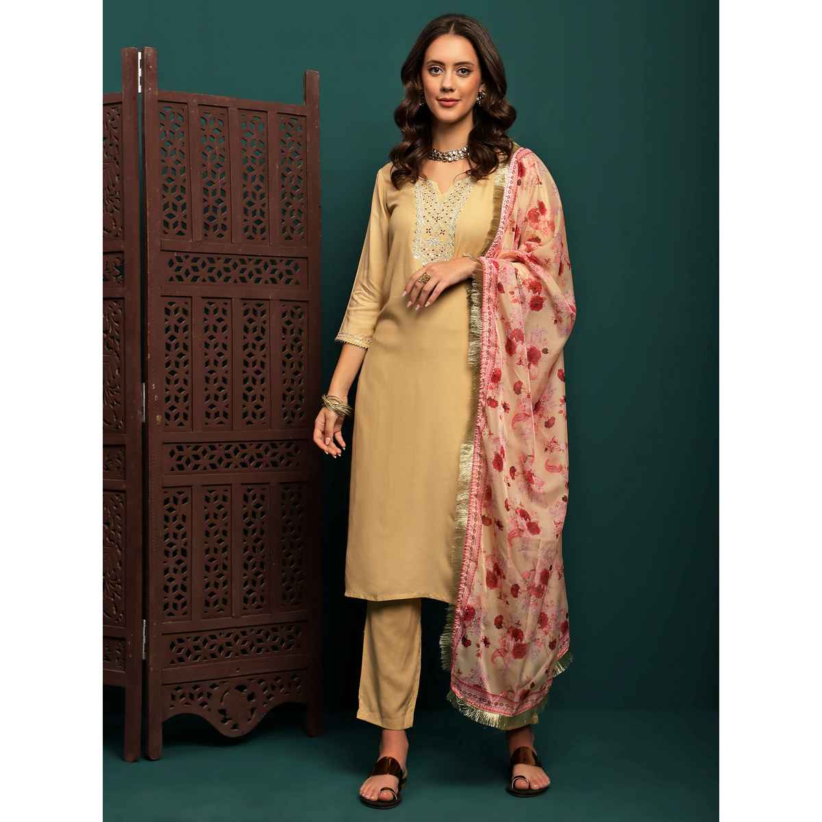 Bandia Women's Zari and Sequins Kurta Trouser Set with Dupatta | BANKS0213 | Sea Green | M