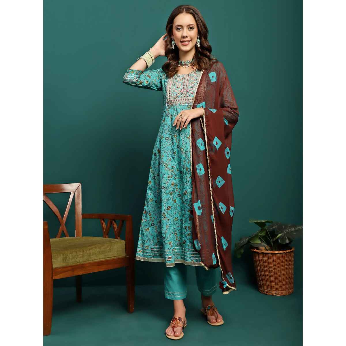 Bandia Women's Foil Dori Anarkali Kurta Trouser Set with Dupatta | BANKS0204 | Turquoise Blue | XL