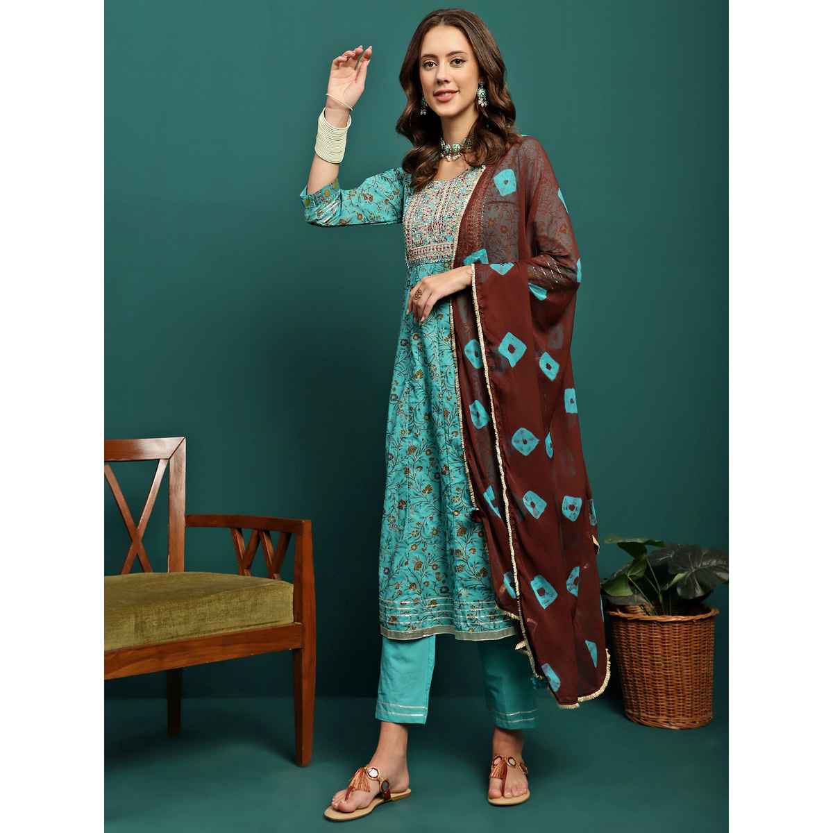 Bandia Women's Foil Dori Anarkali Kurta Trouser Set with Dupatta | BANKS0204 | Turquoise Blue | XL