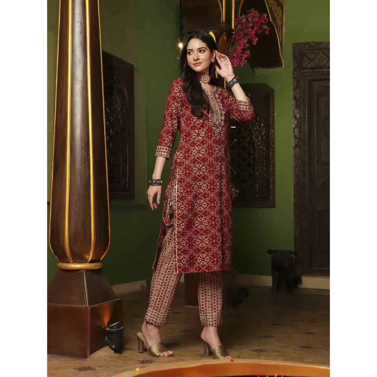 Bandia Women's Patola Printed Kurta Trouser Set with Dupatta | BANKS0113 | Maroon and Beige | XL