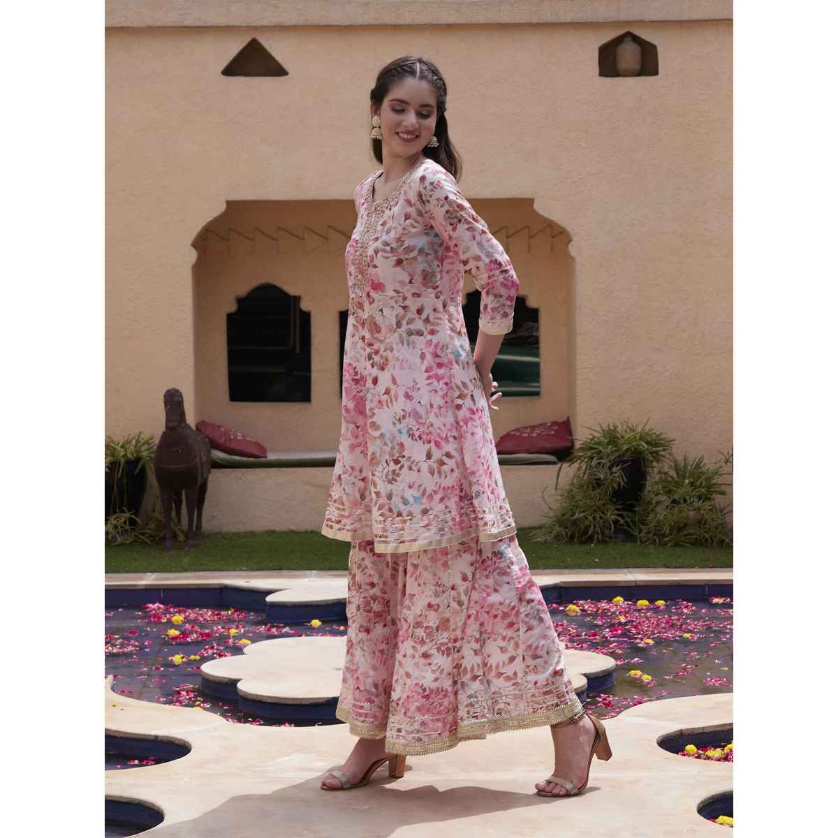 Bandia Women's Floral Printed Gota Patti Work Kurta Sharara Set with Dupatta | BANKS0128 | Pink | S
