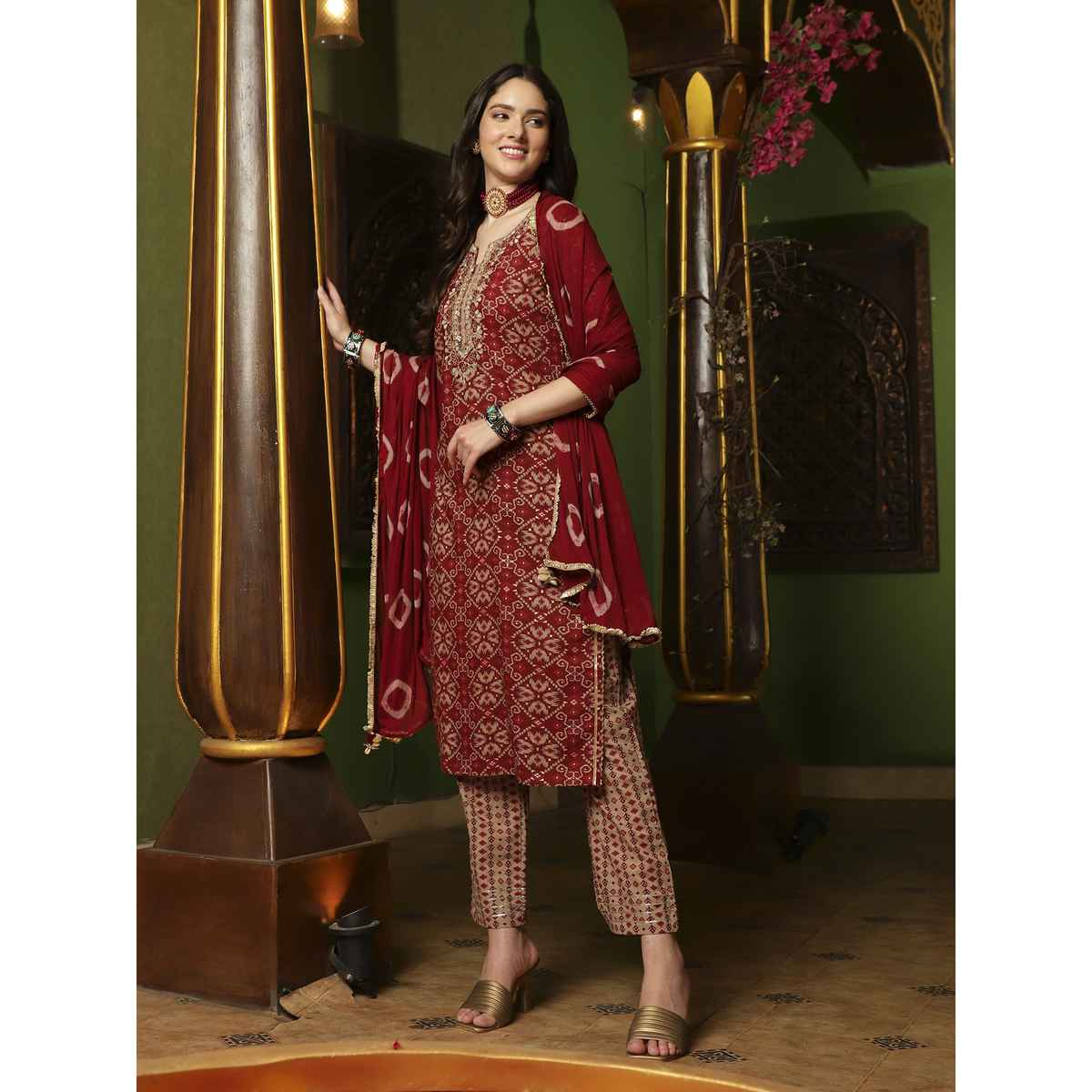 Bandia Women's Patola Printed Kurta Trouser Set with Dupatta | BANKS0113 | Maroon and Beige | XL