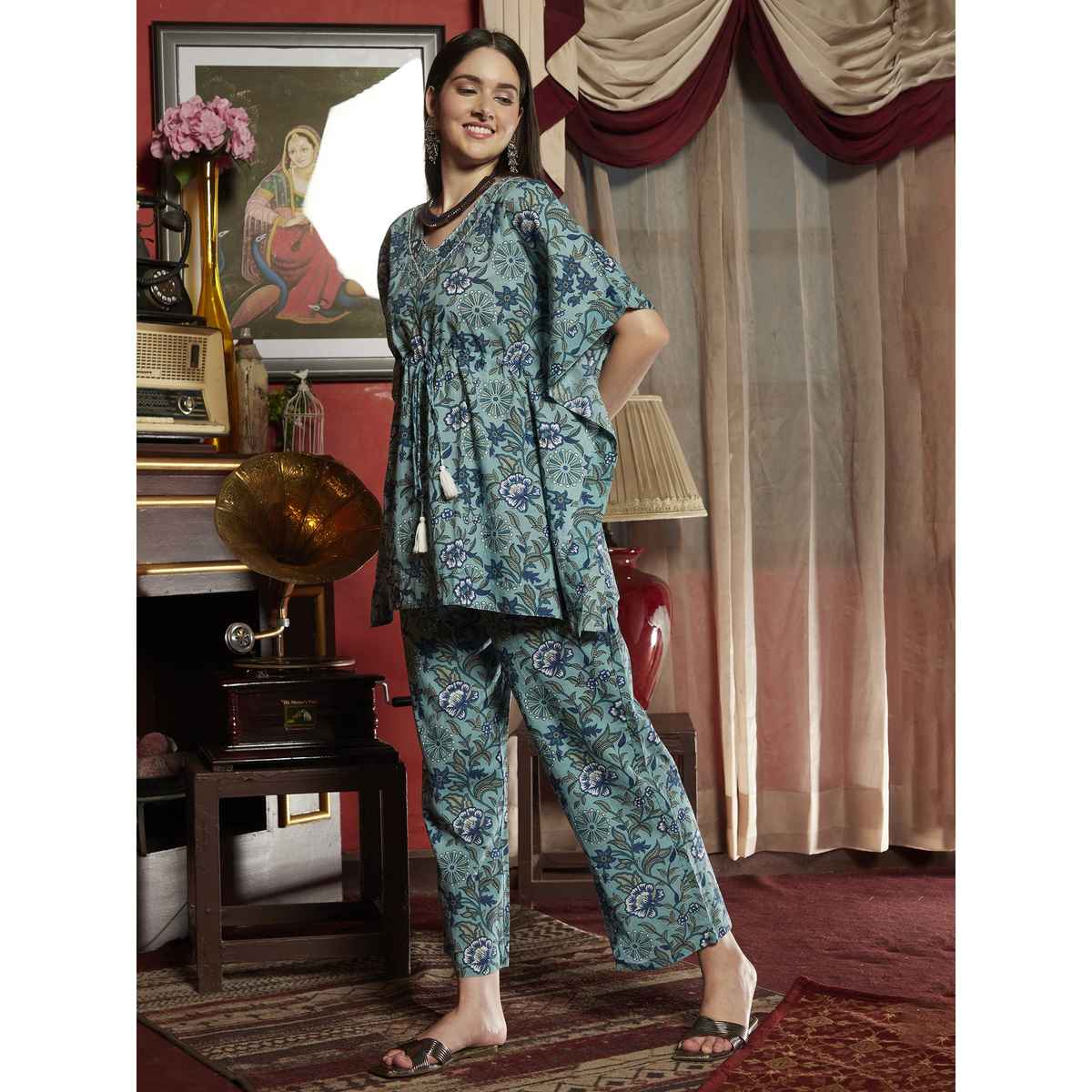 Bandia Women's Stripe Printed Kaftan Trouser Co-Ord Set | BANCS0117 | Blue and White | M