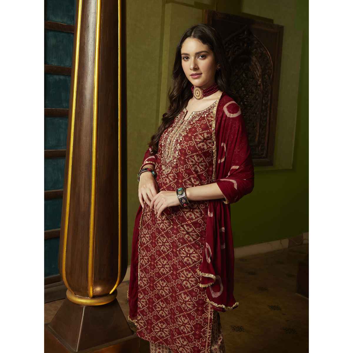 Bandia Women's Patola Printed Kurta Trouser Set with Dupatta | BANKS0113 | Maroon and Beige | XL