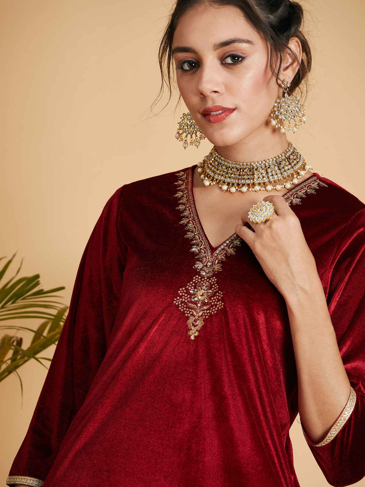 Shae by SASSAFRAS Women's Velvet Embroidered Pocket Straight Kurta | SHKUR00325 | Maroon - XL