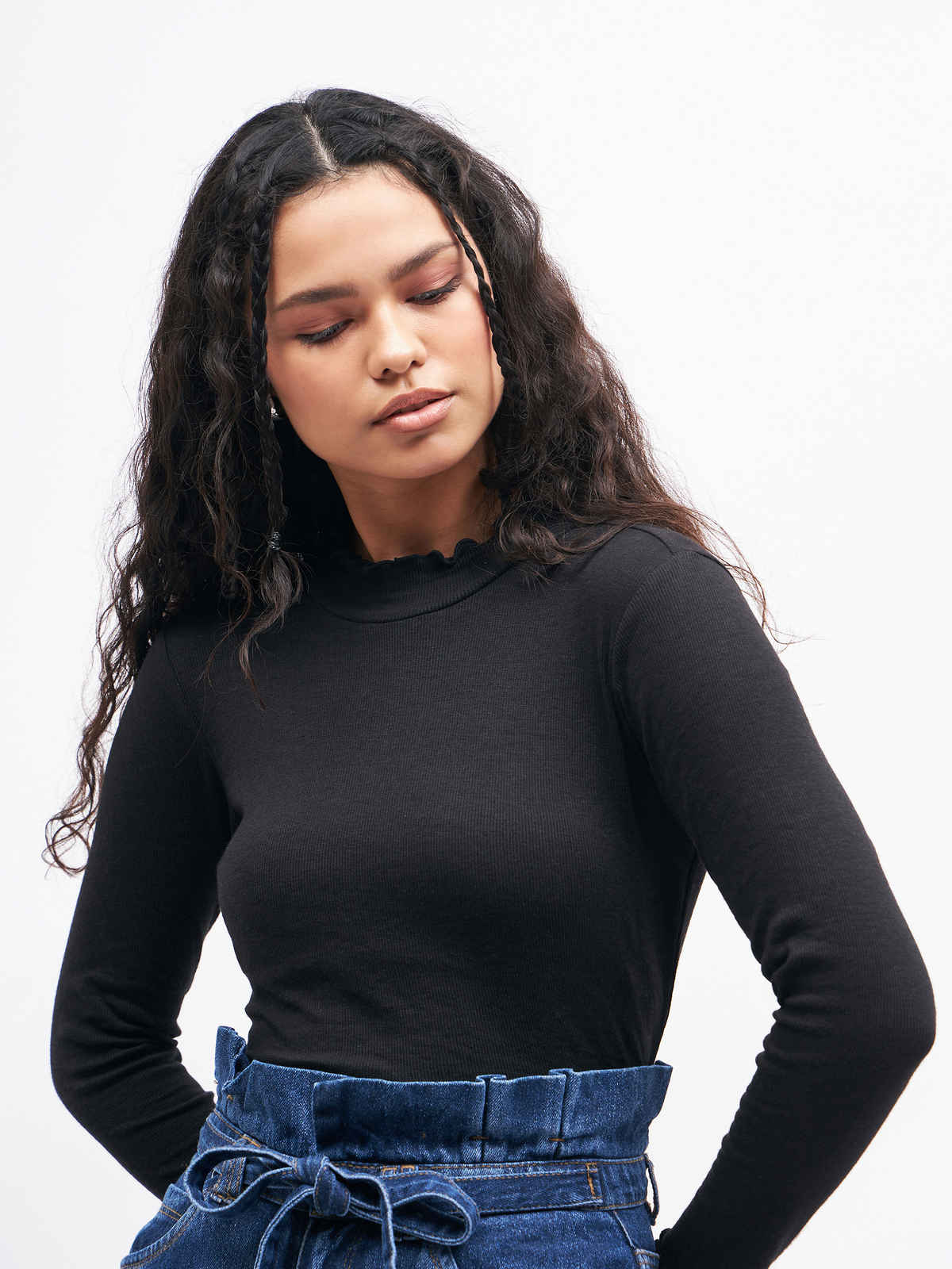 SASSAFRAS Women's Rib High Neck Full Sleeve Top | Black - L