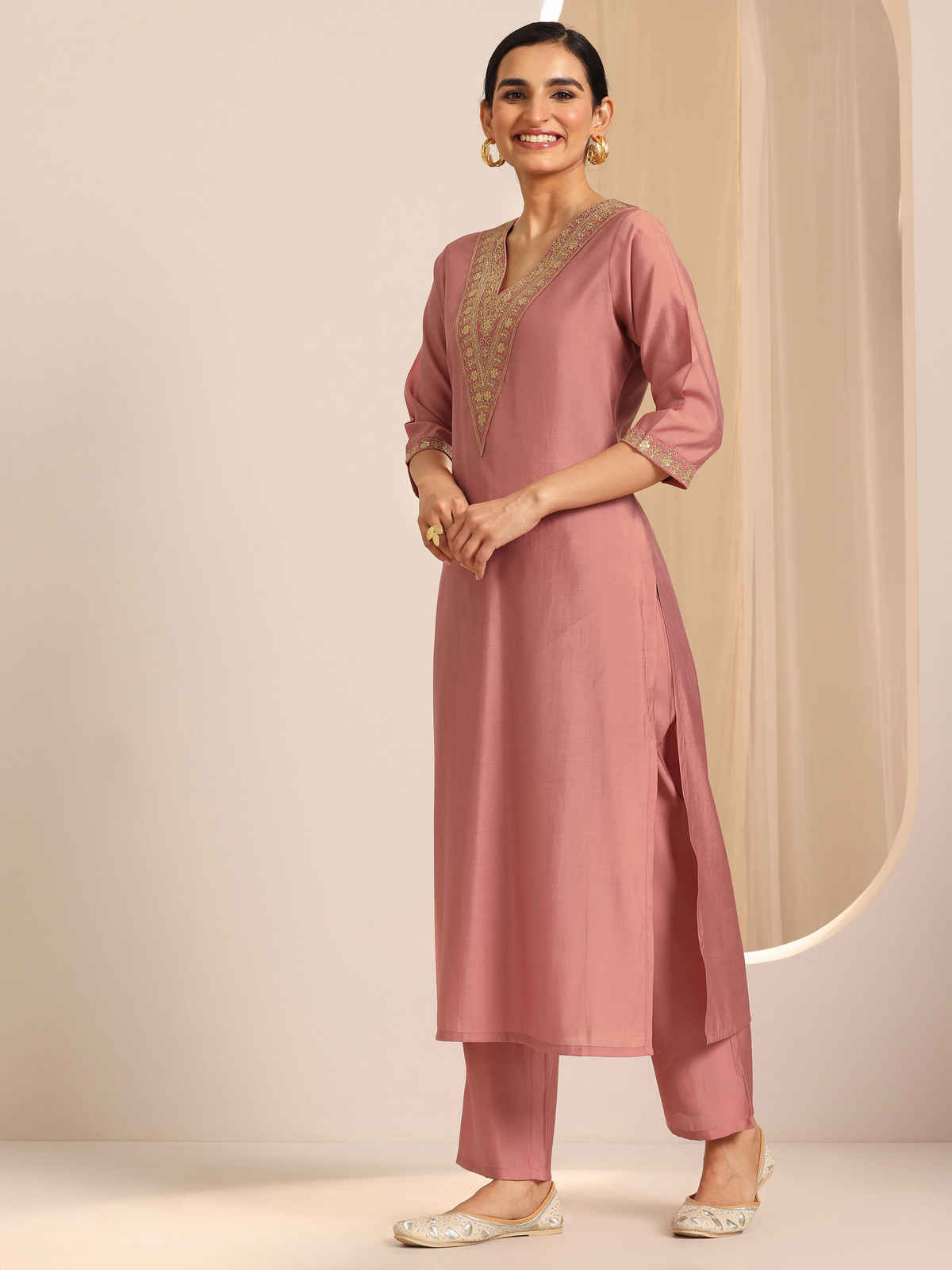 Gerua By Libas Solid Silk Blend Straight Kurta Set | GS1116H | Peach - S