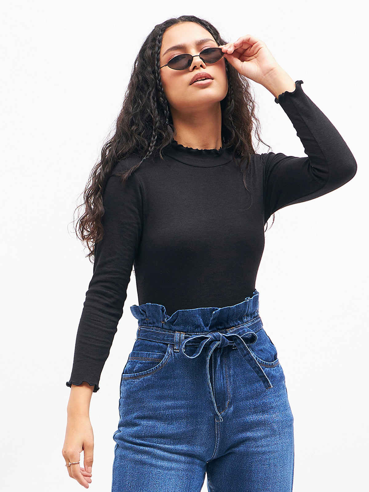 SASSAFRAS Women's Rib High Neck Full Sleeve Top | Black - L