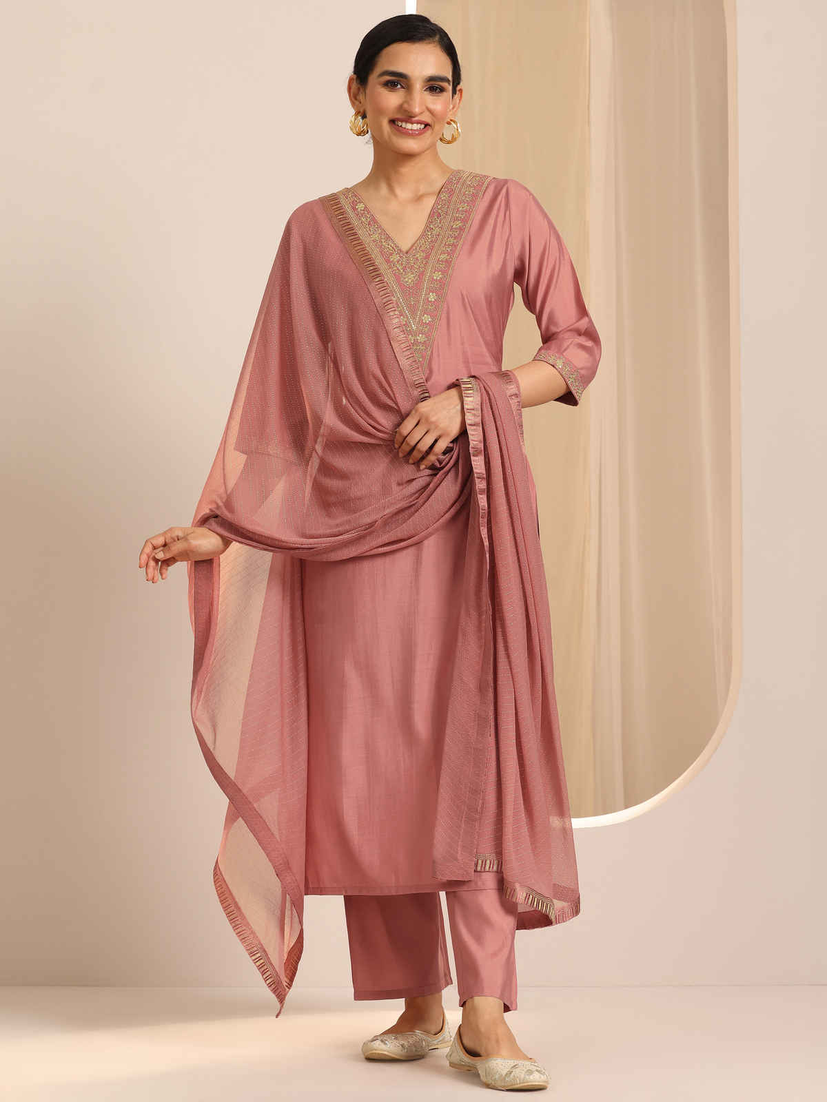Gerua By Libas Solid Silk Blend Straight Kurta Set | GS1116H | Peach - S