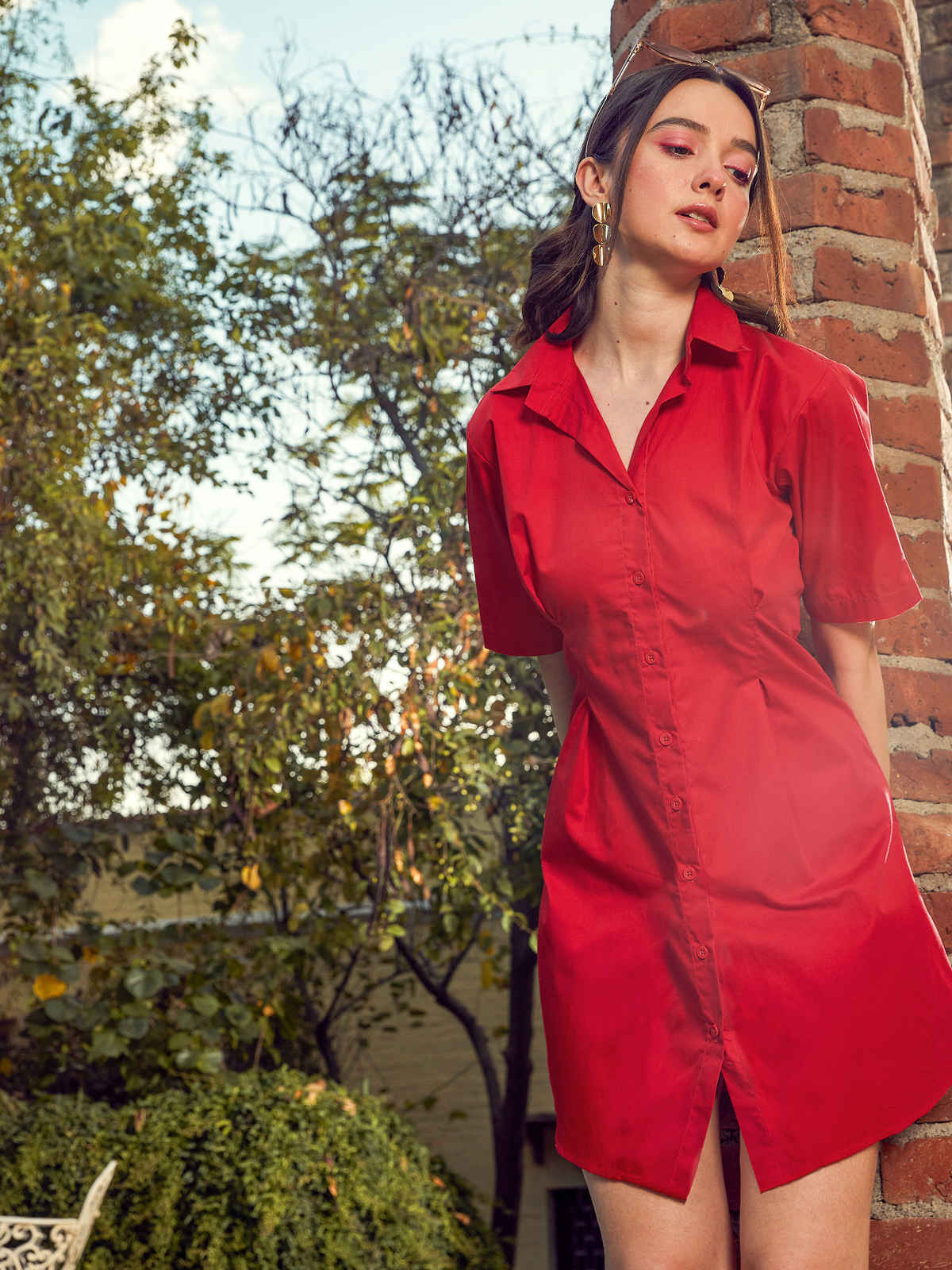 SASSAFRAS Women's Poplin Shirt Dress | Red - M