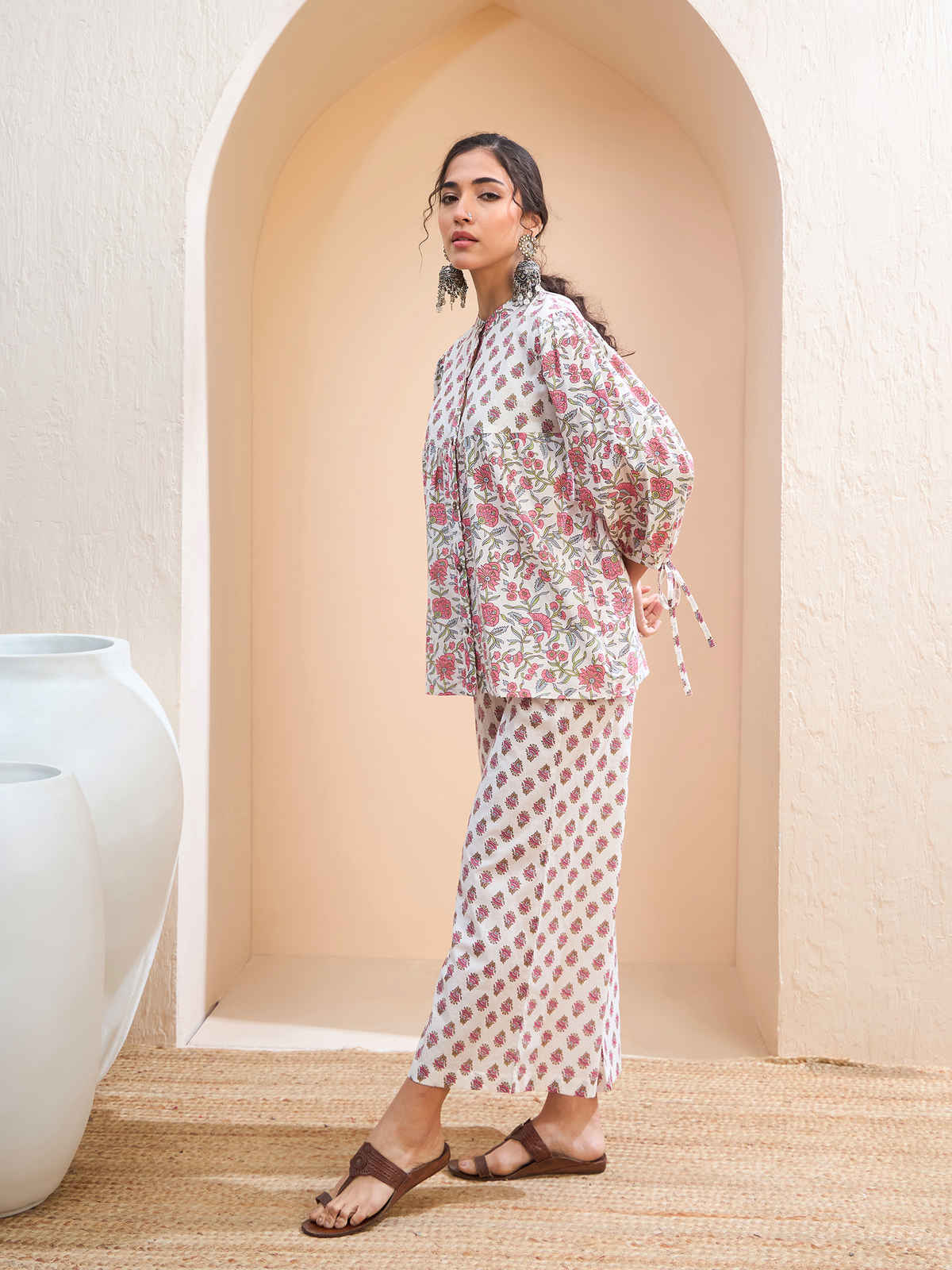 Shae by SASSAFRAS Women's Floral Sleeve Knot Buttoned Kurti | SHTOP42228 | White - L