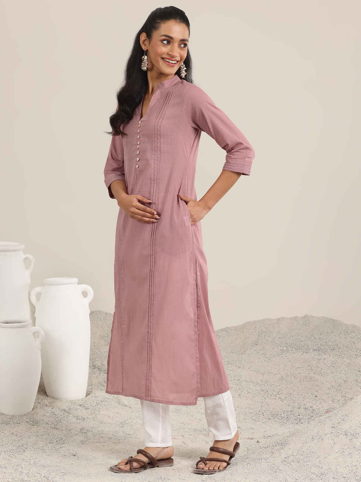 Libas Women's Cotton Straight Kurta | 29327OH | Mauve | S