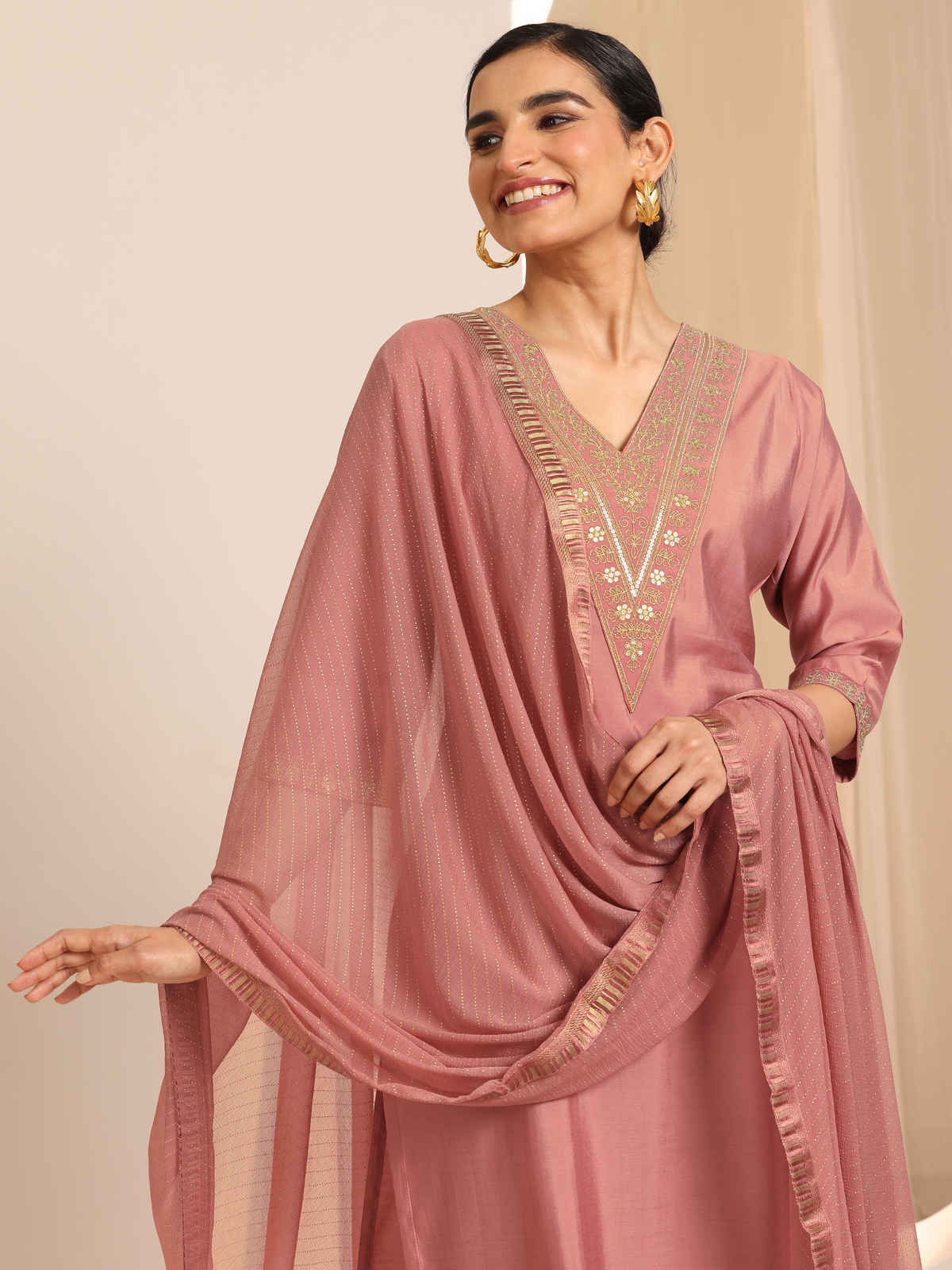 Gerua By Libas Solid Silk Blend Straight Kurta Set | GS1116H | Peach - L