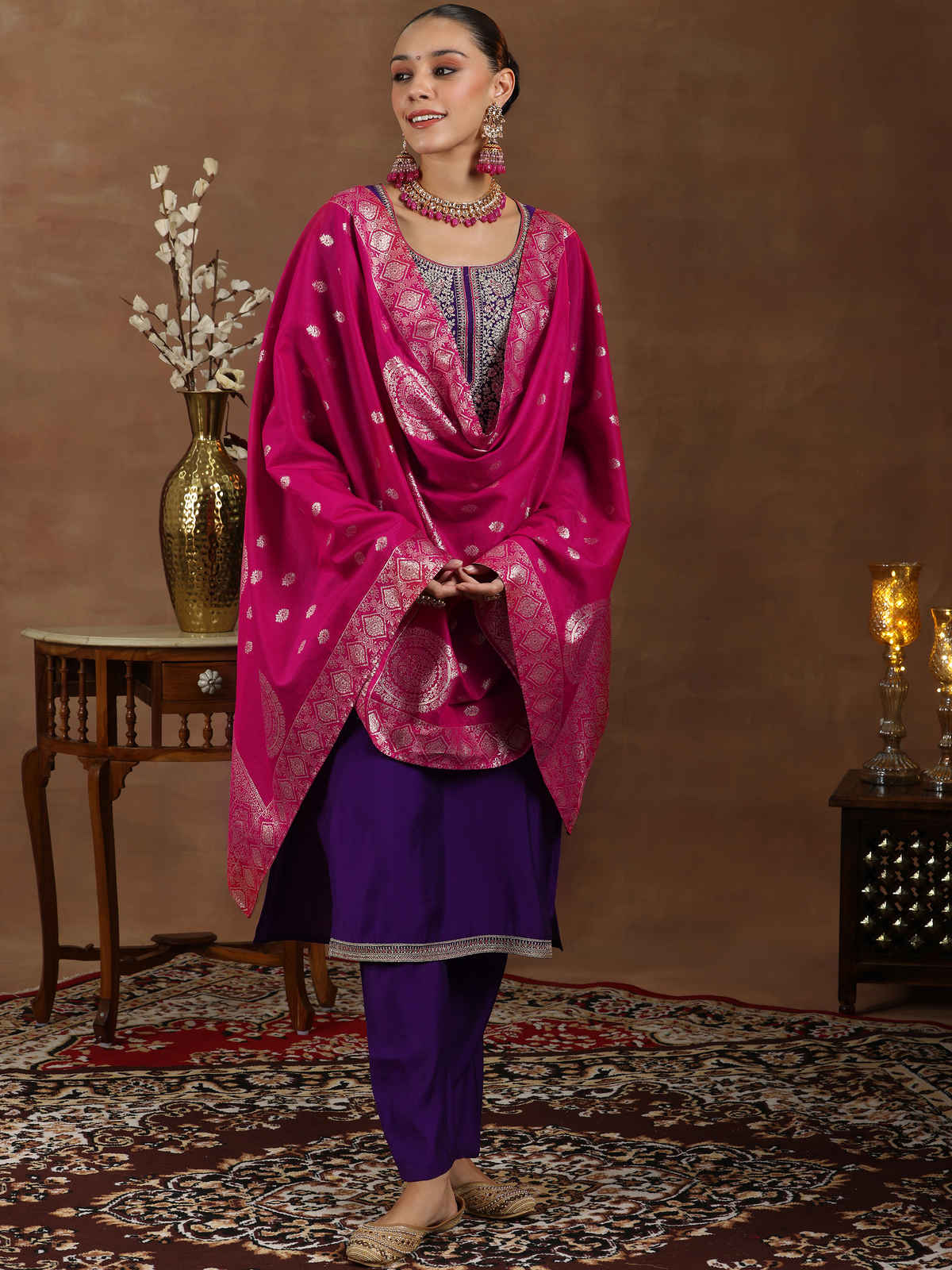 Gerua by libas Yoke Design Silk Blend Straight Suit With Dupatta | GS1003R | Purple - M