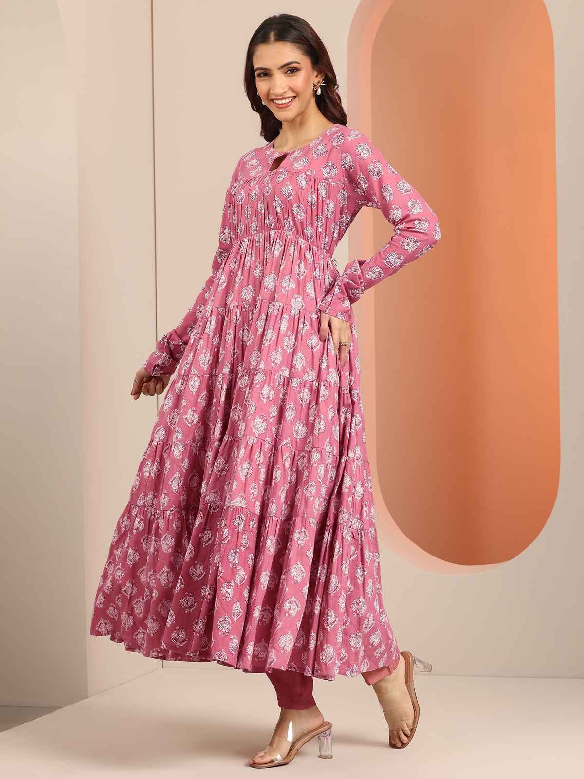 Libas Printed Cotton Anarkali Suit Set With Dupatta | 400501H | Mauve - L