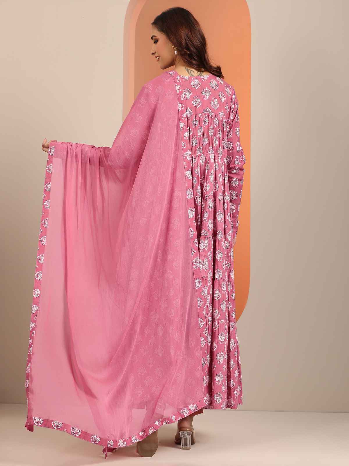 Libas Printed Cotton Anarkali Suit Set With Dupatta | 400501H | Mauve - L