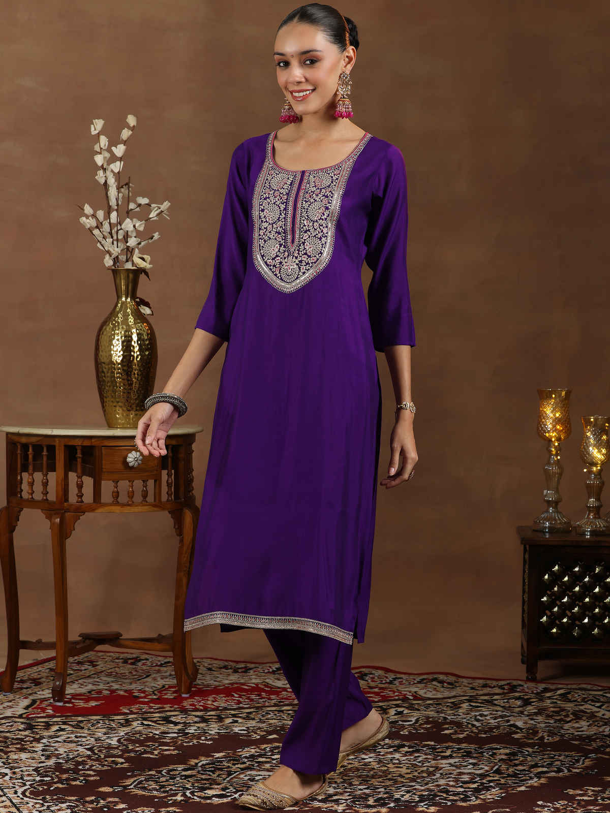 Gerua by libas Yoke Design Silk Blend Straight Suit With Dupatta | GS1003R | Purple - M